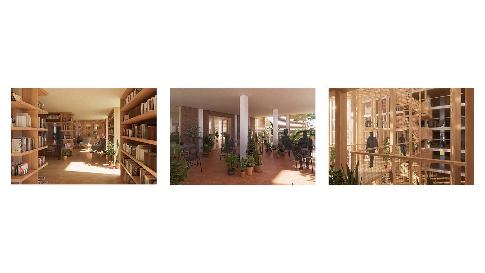 Interior Visualisations, Library (Left), Outdoor Balcony (Centre), The Atrium (Right)