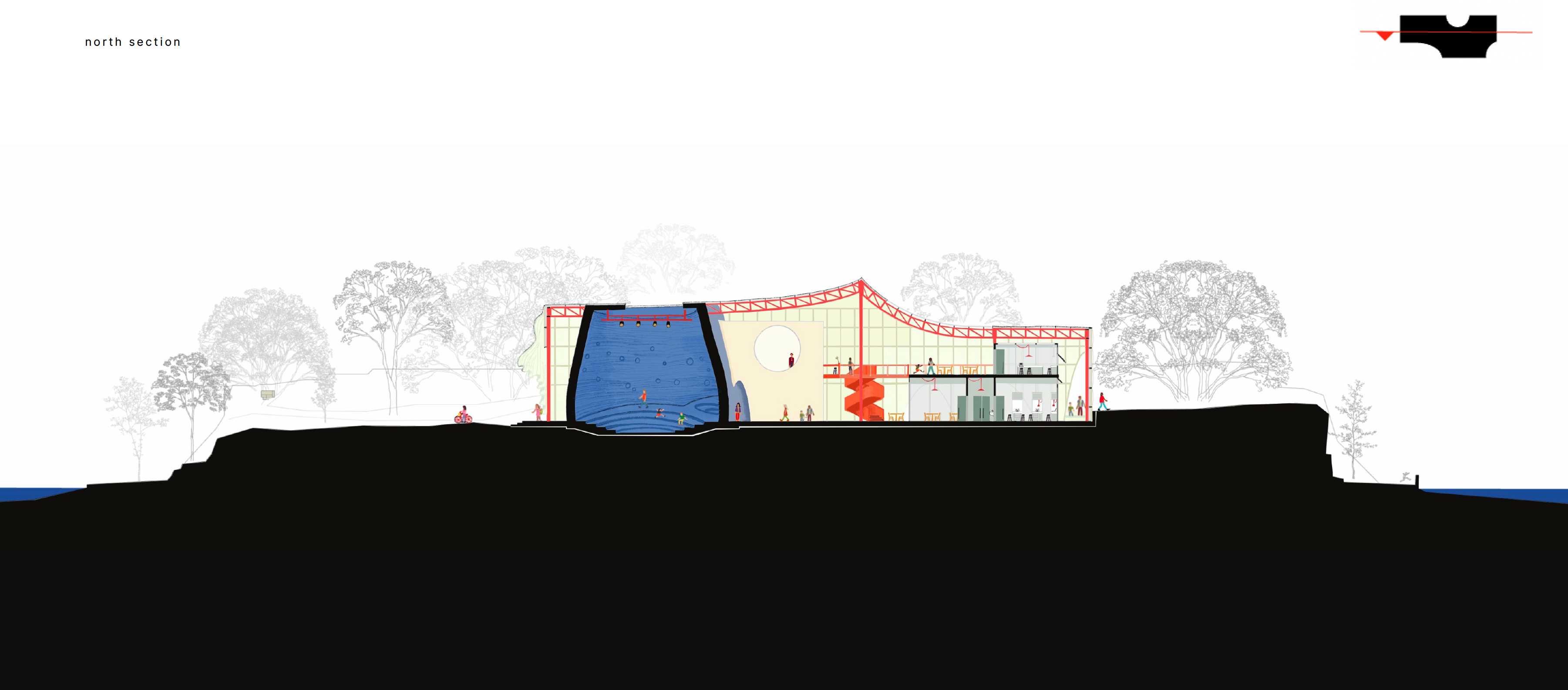 This coloured, hand-drawn section cuts through the pavilion and depicts the interior architectural condition and the separation of programs. 