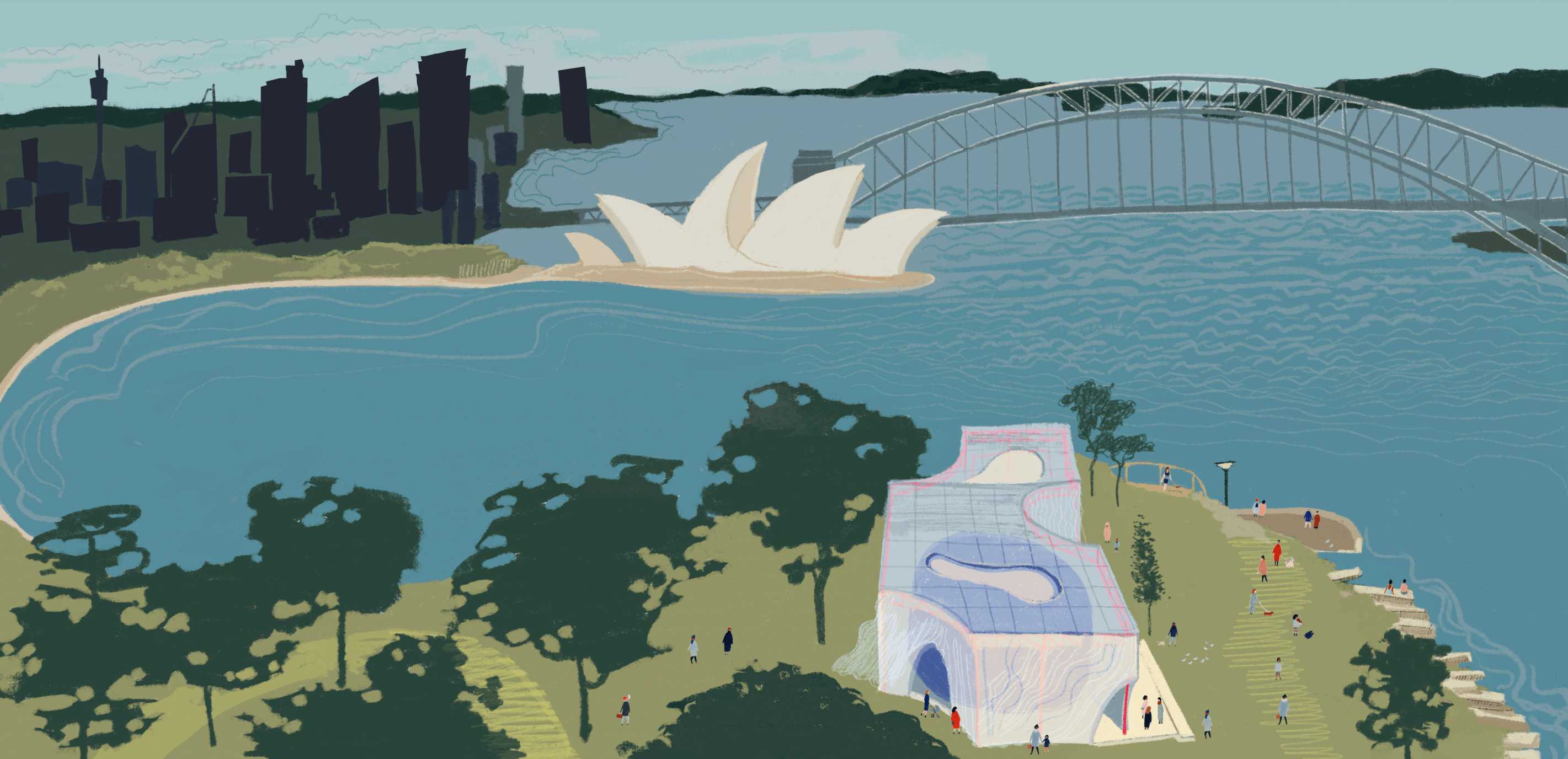 A hand-drawn view of the Pavilion of Echoes from above, showcasing the Sydney Harbour’s necklace of architectural pearls on the tips of the wharf fingers.