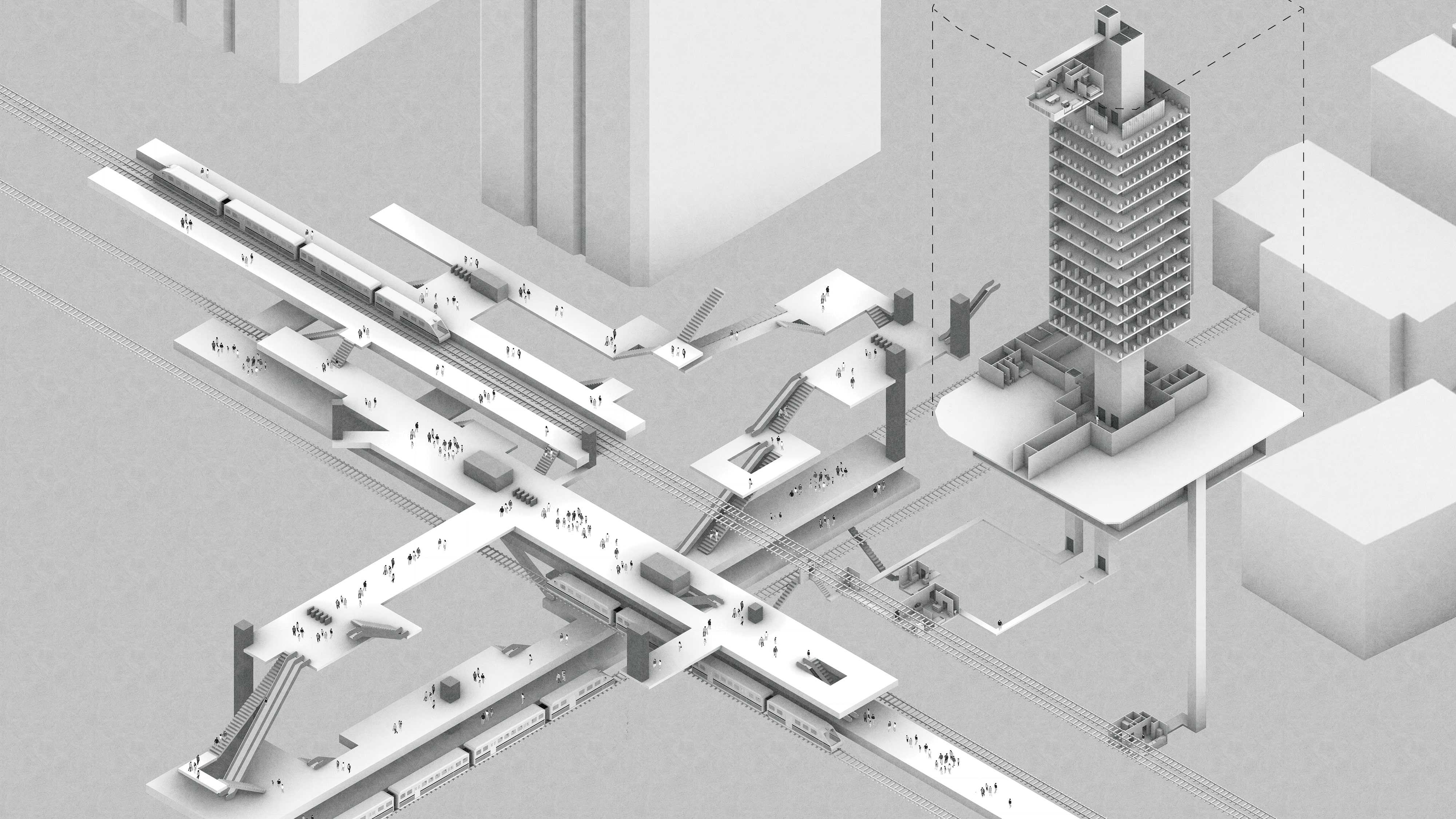 Axonometric view of Aoyama-Itchome Station and the Museum of Loneliness, illustrating how transit networks intersect with the building’s layered circulation to negotiate shifting thresholds between urban movement, retreat and re-emergence.