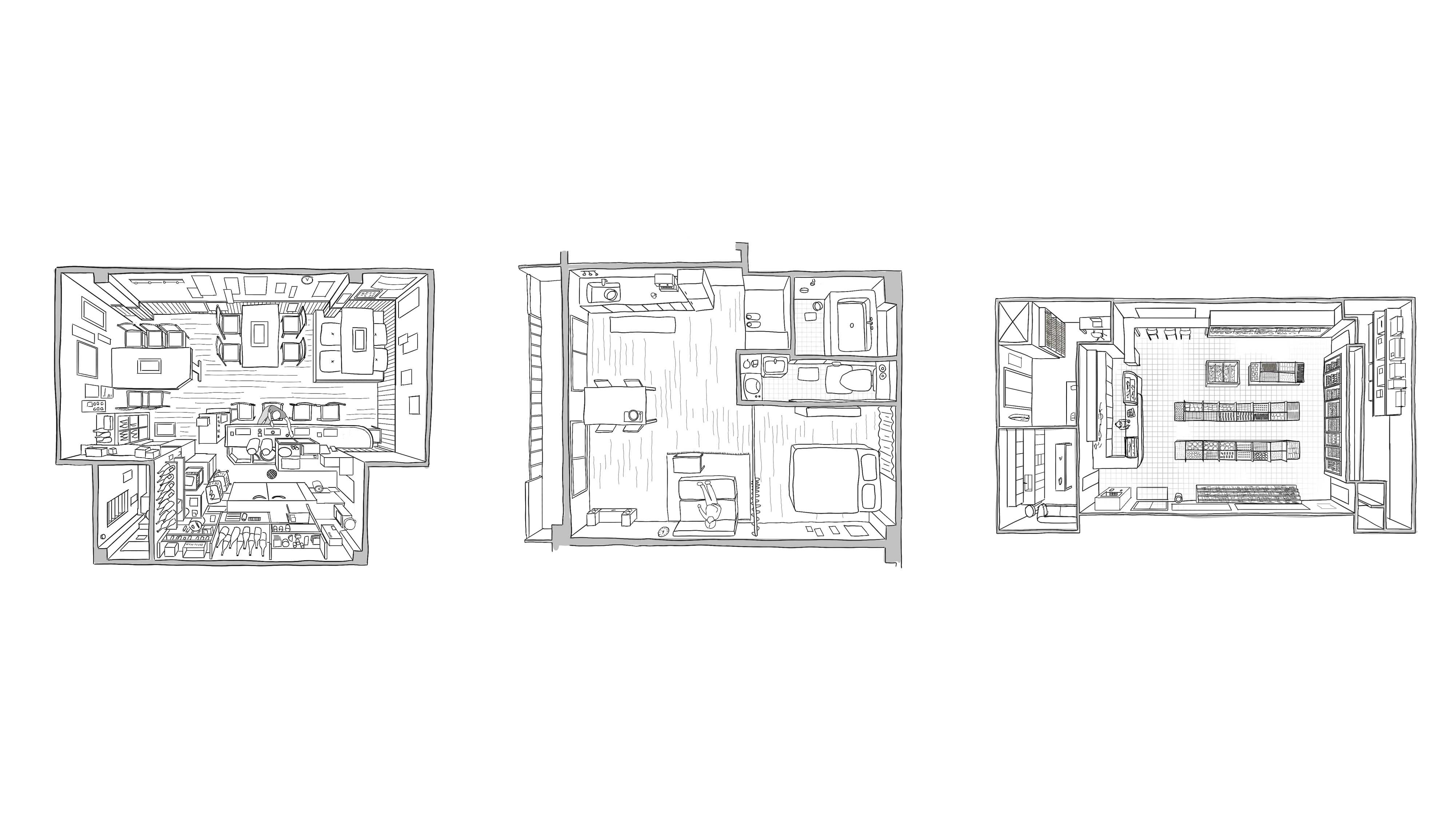 Three imagined rooms depicting each character’s preferred environment for withdrawal, showing how masking and unmasking, threshold spaces and daily routines shape the spatial expression of their individual forms of solitude.