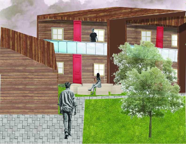 Perspective view of the two-storey cluster housing surrounding the central yarning circles.