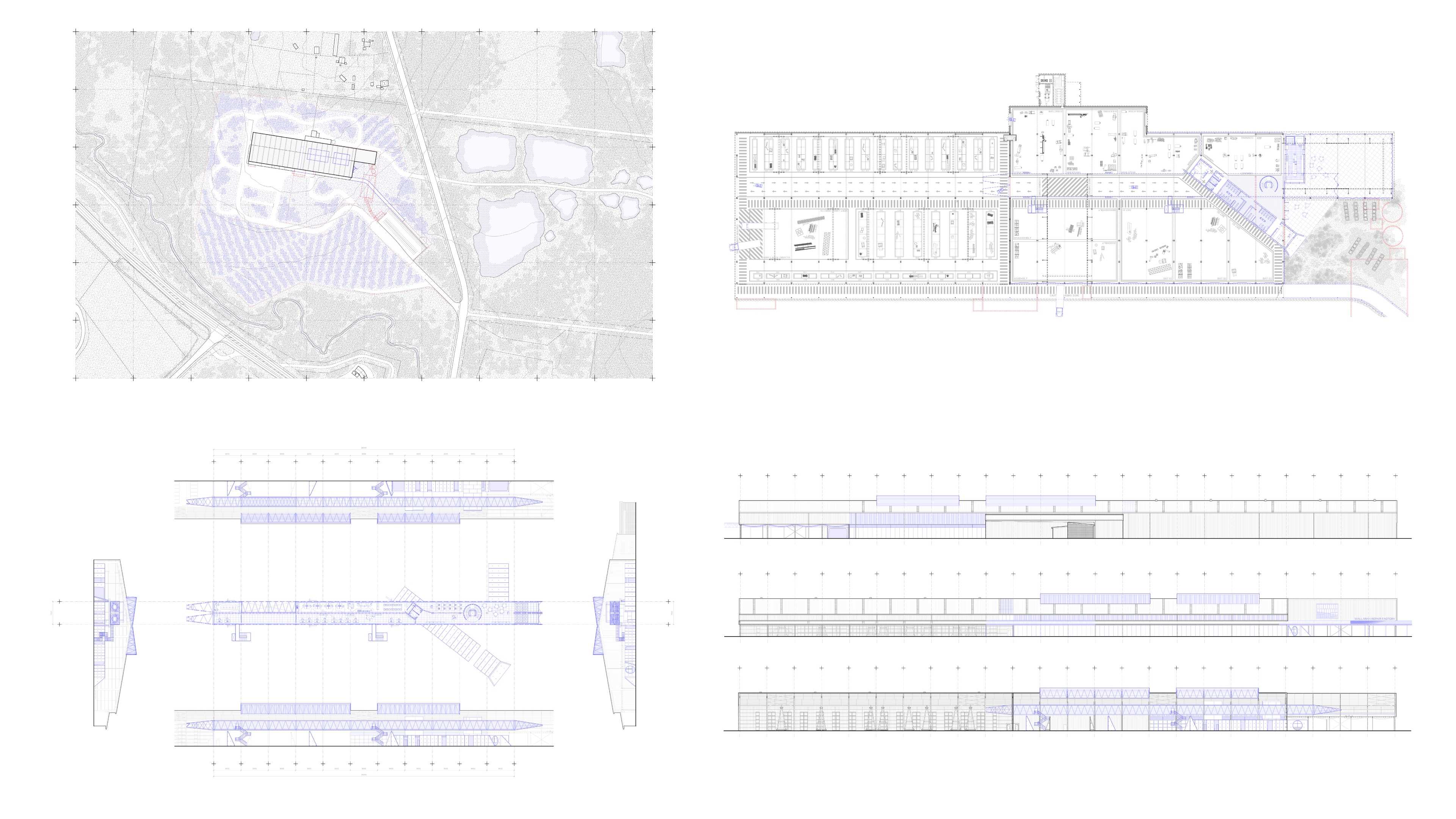 The architectural studio must be integrated within the processes of repair, both spatially and conceptually. This manifests as the studio placed centrally within the Repair Factory, as an elevated ‘gantry’.
