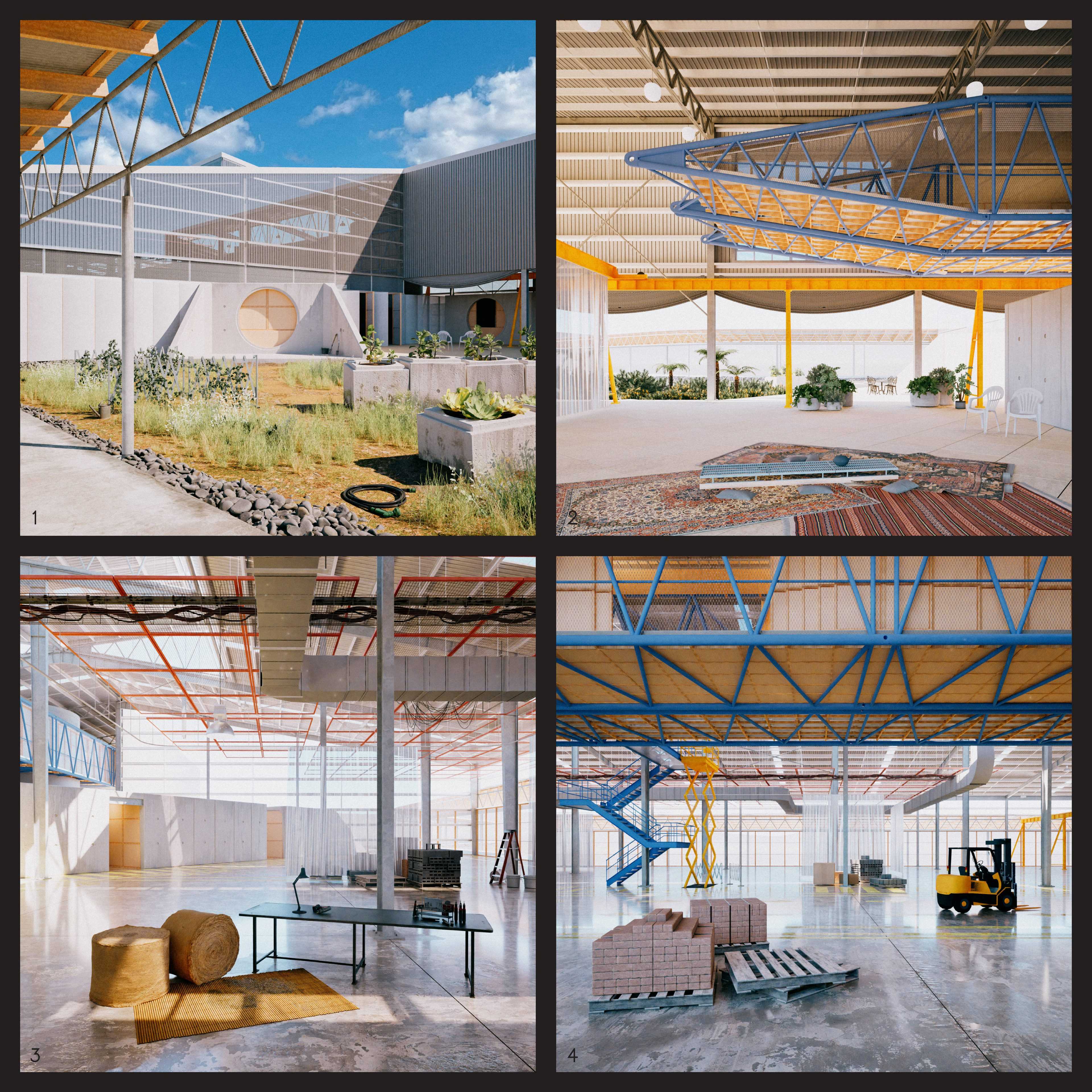 1.  Approach to site and public gardens. 2. Unprogrammed civic space, and seminar above. 3. The Gantry Studio above the factory’s circulation corridor. 4. Prototyping bays on the factory floor. 