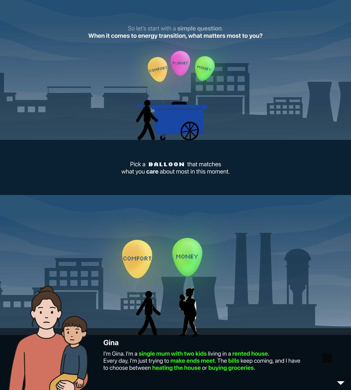 The opening moments of the interactive experience where players choose their initial balloon values and meet characters sharing their personal energy choices.