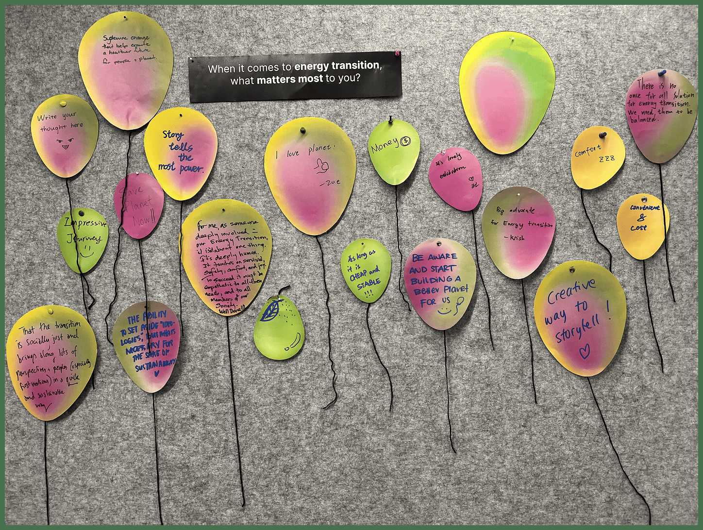 Physical balloon installation where exhibition participants wrote their energy transition reflections after the experience. Each balloon's colors reflect their values, creating a tangible collection of voices around Australia's energy transition.