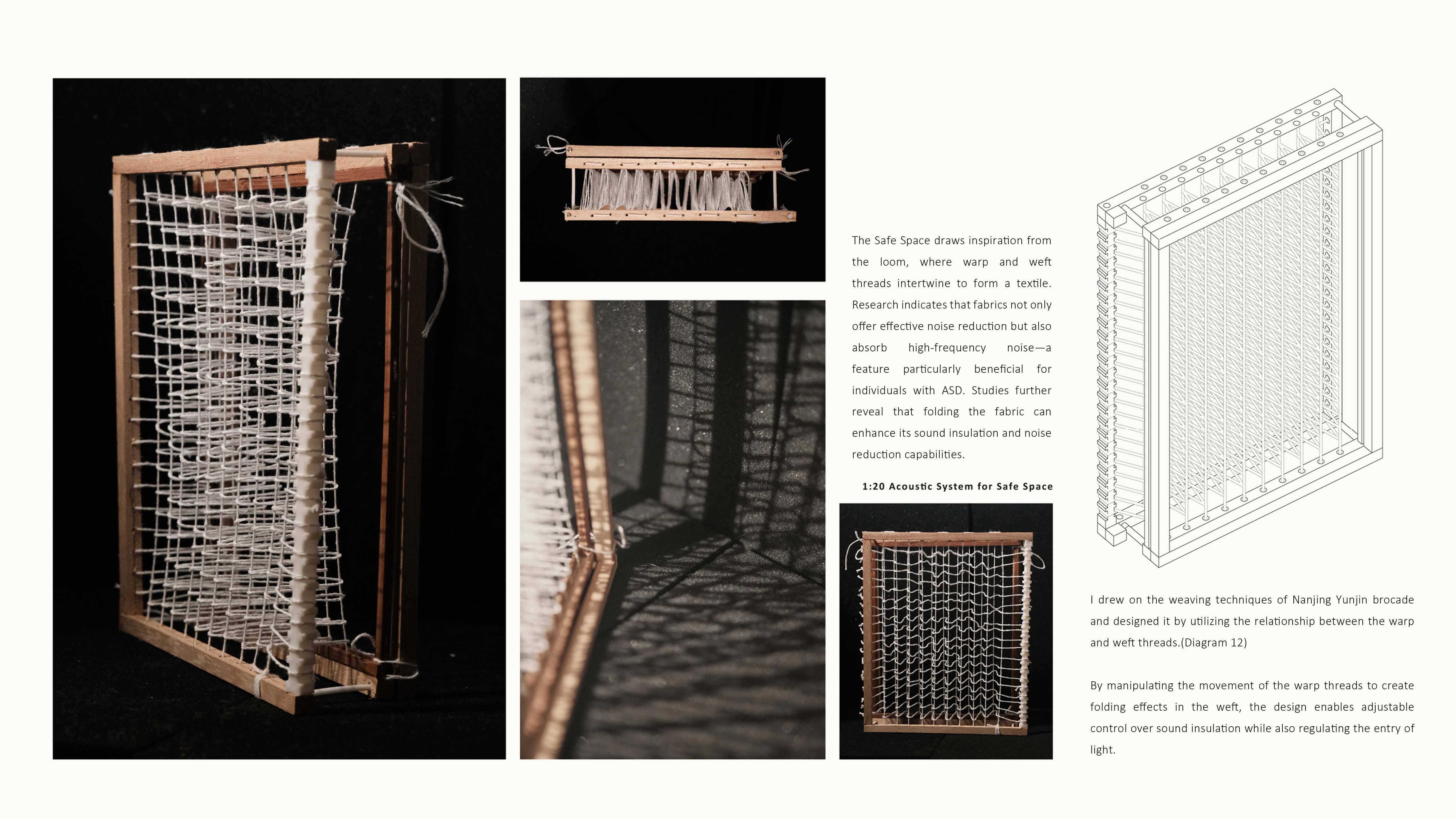 Inspired by loom mechanics, this safe space uses interwoven textiles to absorb high-frequency noise. The foldable fabric layers provide adjustable control over both sound insulation and light penetration. 