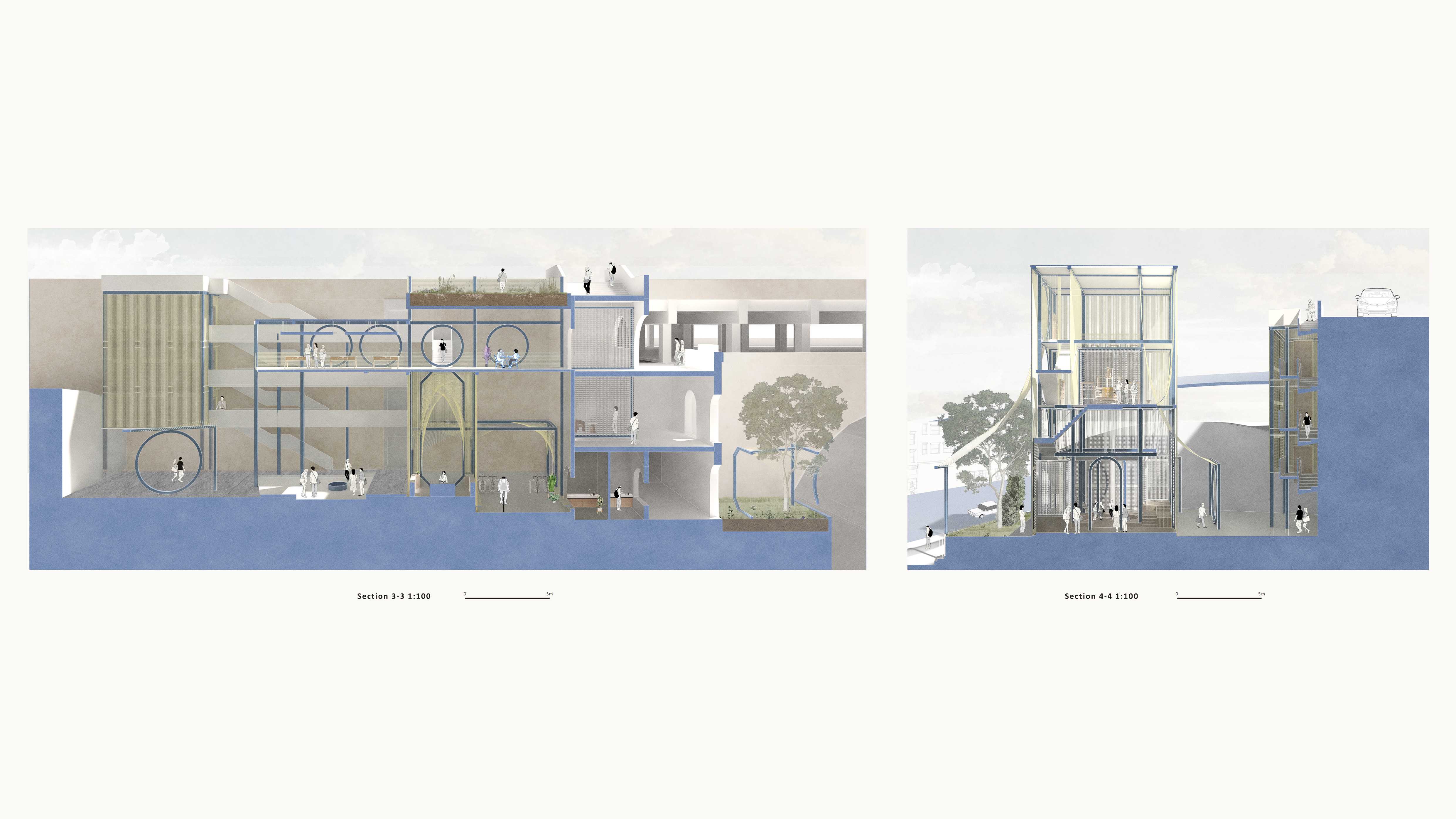 This project uses woven metal chains as a facade, offering adjustable transparency and density to balance openness and privacy while forming spatial divisions, protective enclosures, and sheltered canopies for users.