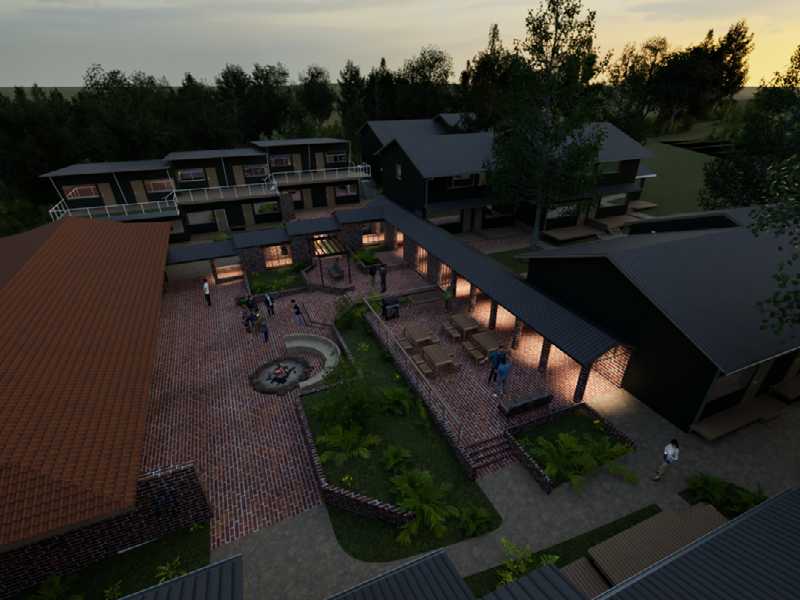 Aerial view of the site at sunset