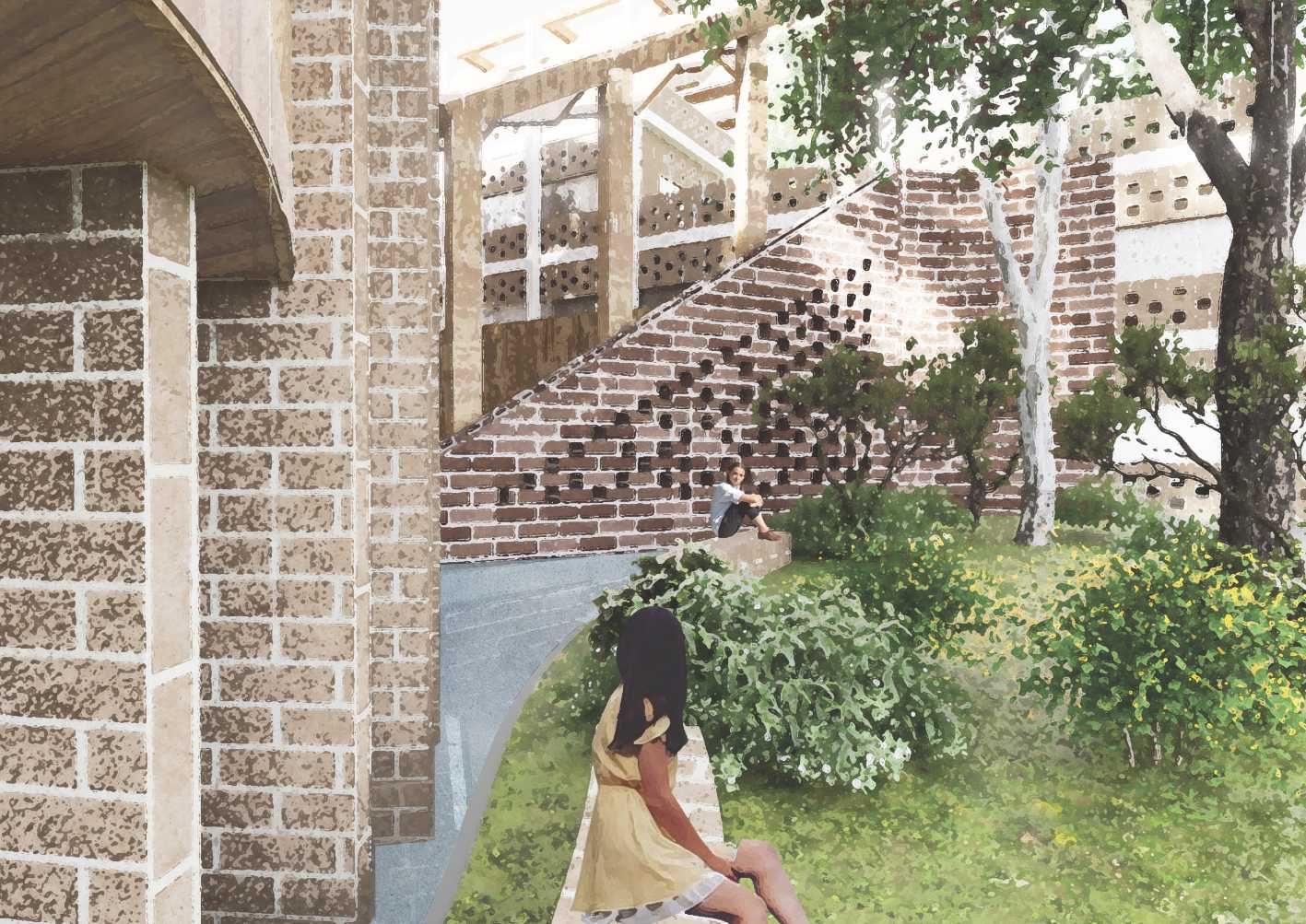 A stream encircles the Storytelling Hub, weaving around its edges and creating a dynamic relationship between the built and natural realm