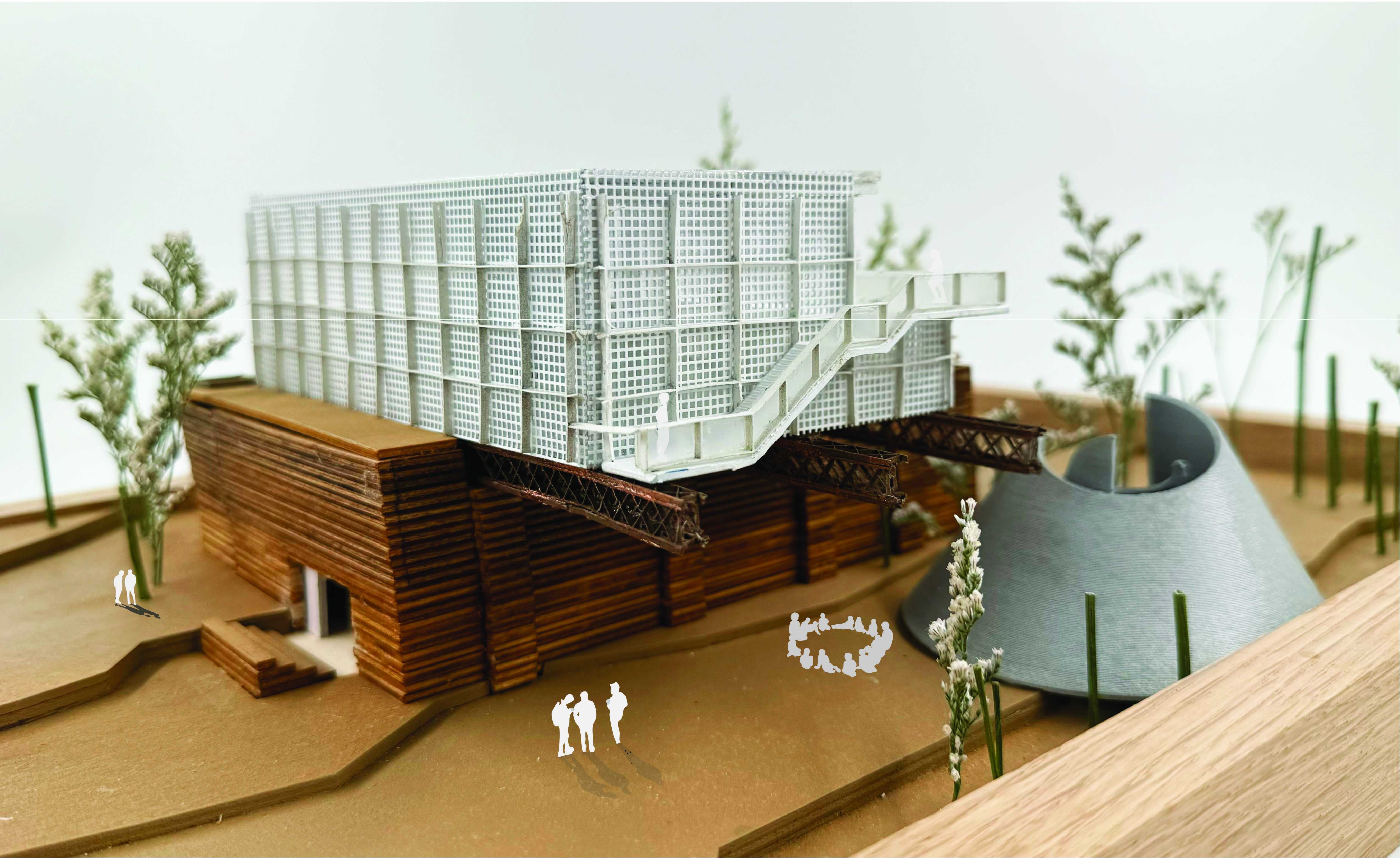 The weight of the Earth building contrasts the light, floating form of the Sky building above. The cast concrete Water reflection pavilion invites exploration.