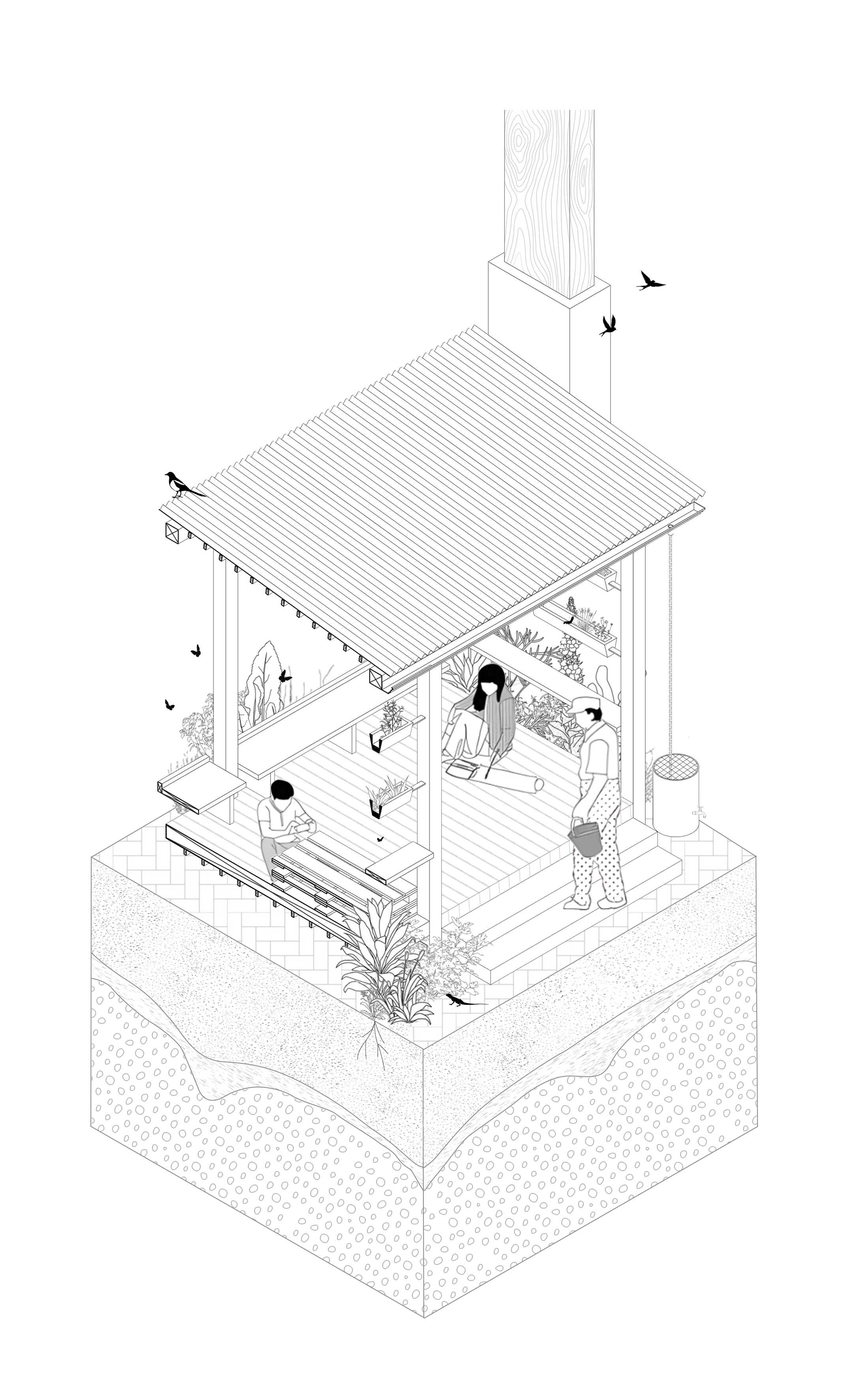 Sectional Axonometric of the Cook and Dine Hub
