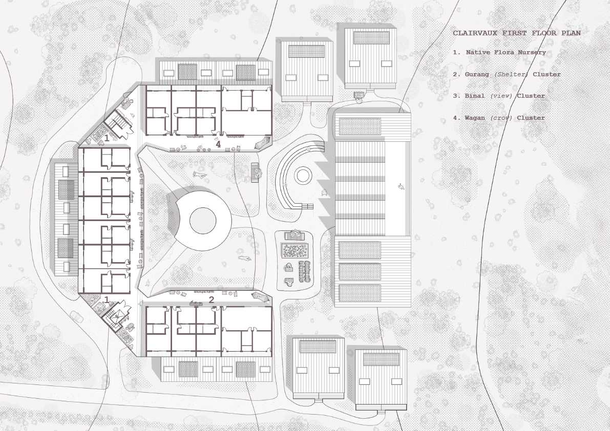 Clairvaux First Floor Plan illustrating elevated housing clusters and shared landscape spaces. The arrangement strengthens connections between private dwellings and communal zones, fostering outlook, shelter, and collective living.