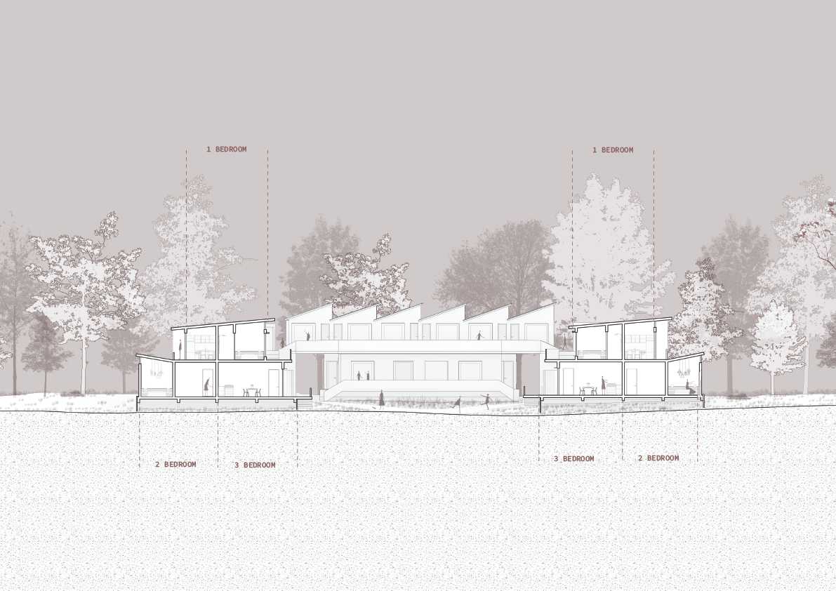 Clairvaux Building Section illustrating varied dwelling types and stepped roof forms. The section reveals layered living spaces, shared circulation, and strong visual connections between private homes and communal landscape areas.