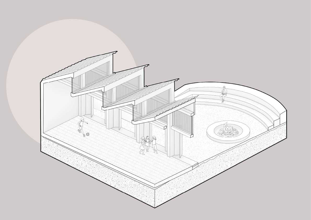 Clairvaux Isometric View illustrating the spatial connection between the community hall and the yarning circle. The form emphasises movement, gathering, and shared thresholds that support cultural exchange and collective storytelling.