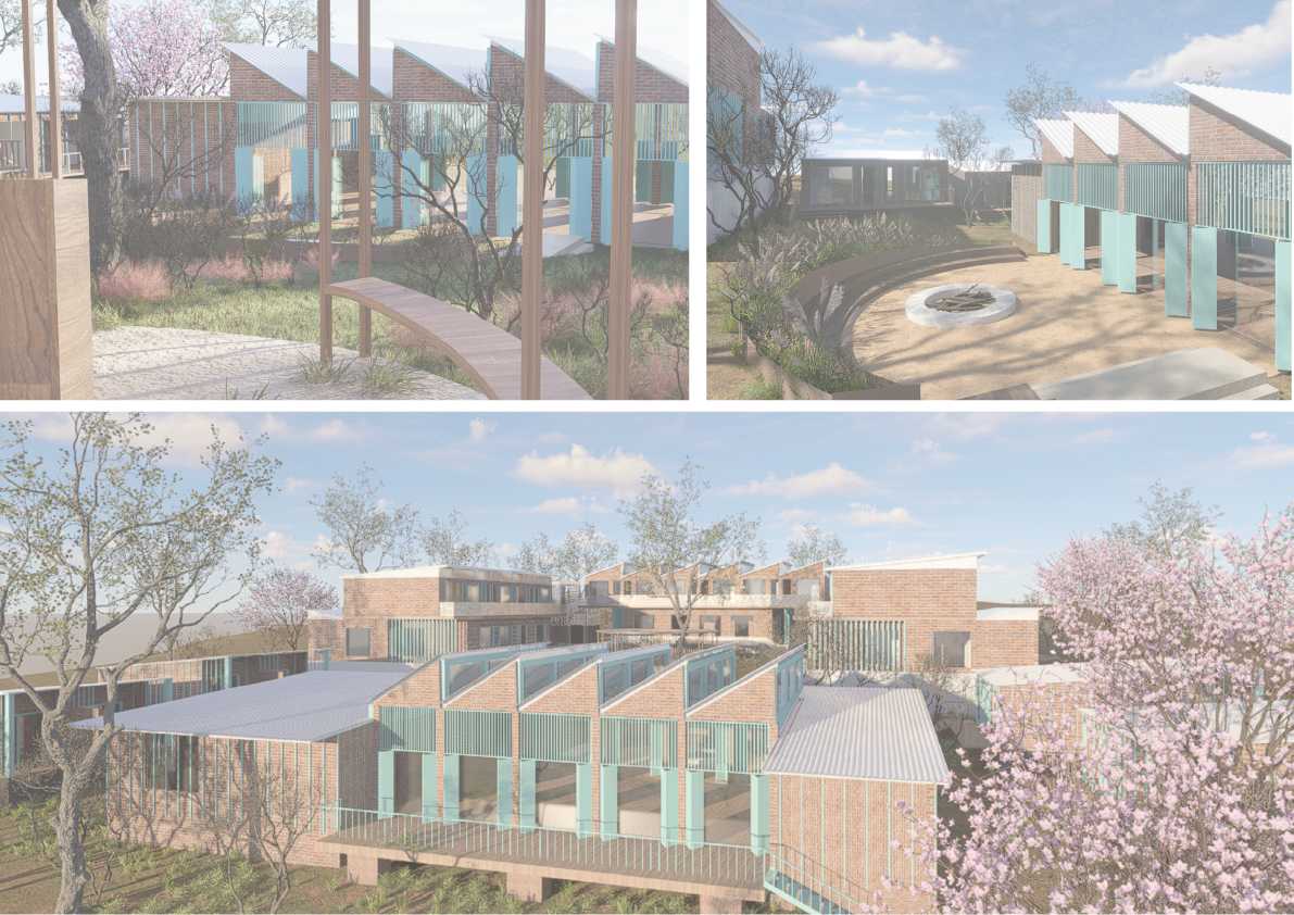 Series of external visualisations showing layered housing clusters, sheltered pathways, and communal outdoor spaces, highlighting the relationship between built form, landscape, and shared social life at Clairvaux.