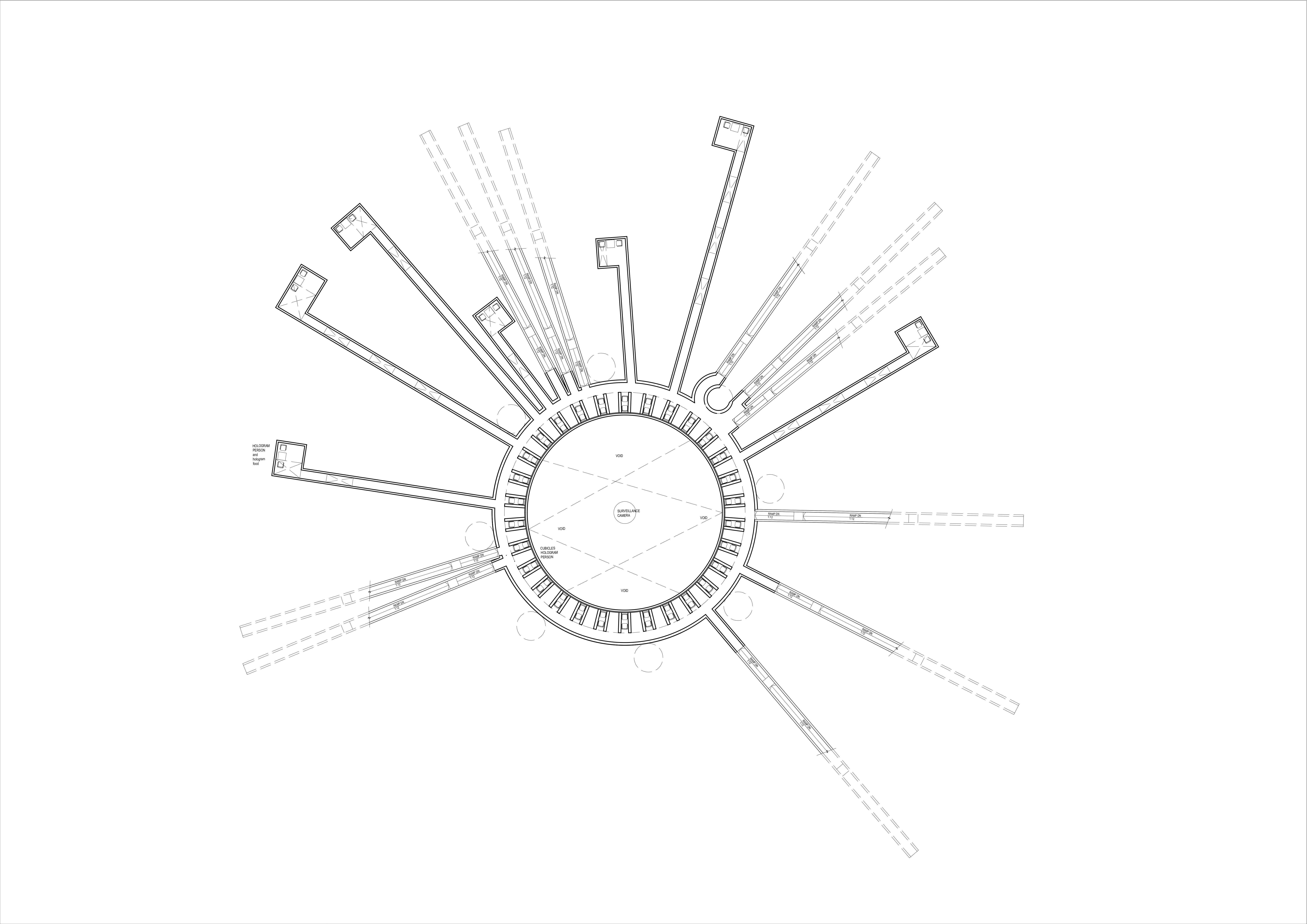 Basement Plan – The layout of the basement is inspired by the panopticon, and the relationship we share with our phones, while making the adverse effects of humanizing A.I. obvious. 
