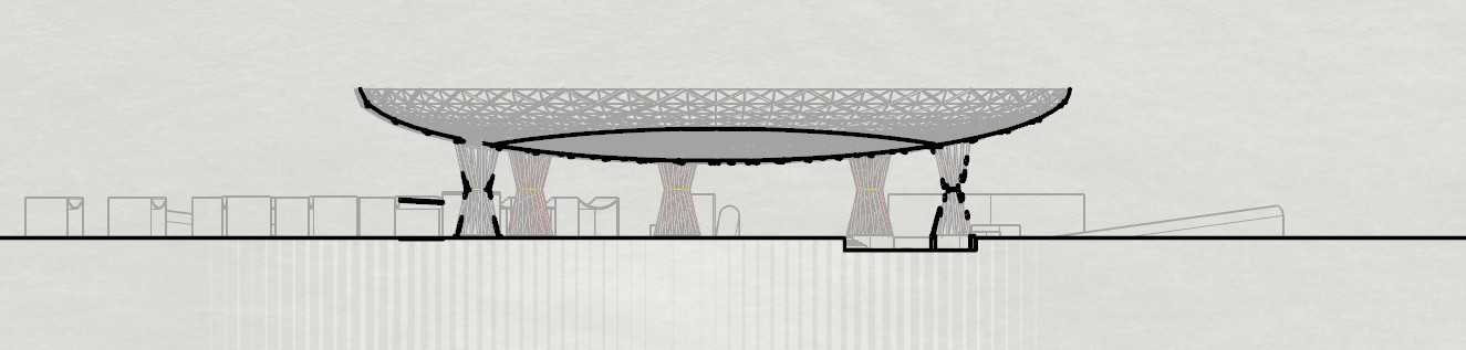 Section - The ceiling is convex to diffuse sound evenly, while the roof is concave to collect rainwater for harvesting along the inside of the twisting columns. 