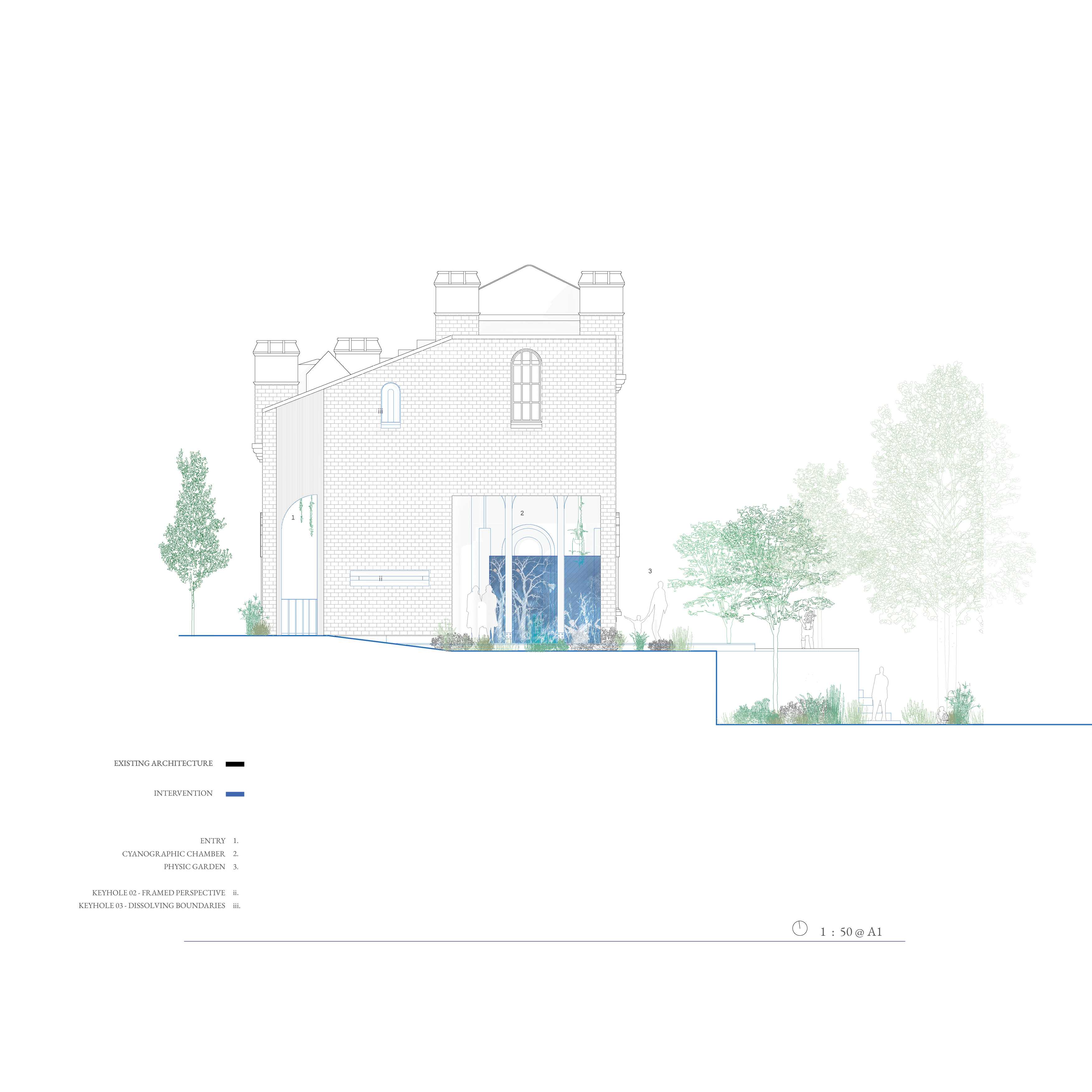 The static and dynamic nature of the herbarium and cyanographic chamber engages with the full life-cycle of the architecture, defining a temporal organ. Change, decay and renewal become built-form.