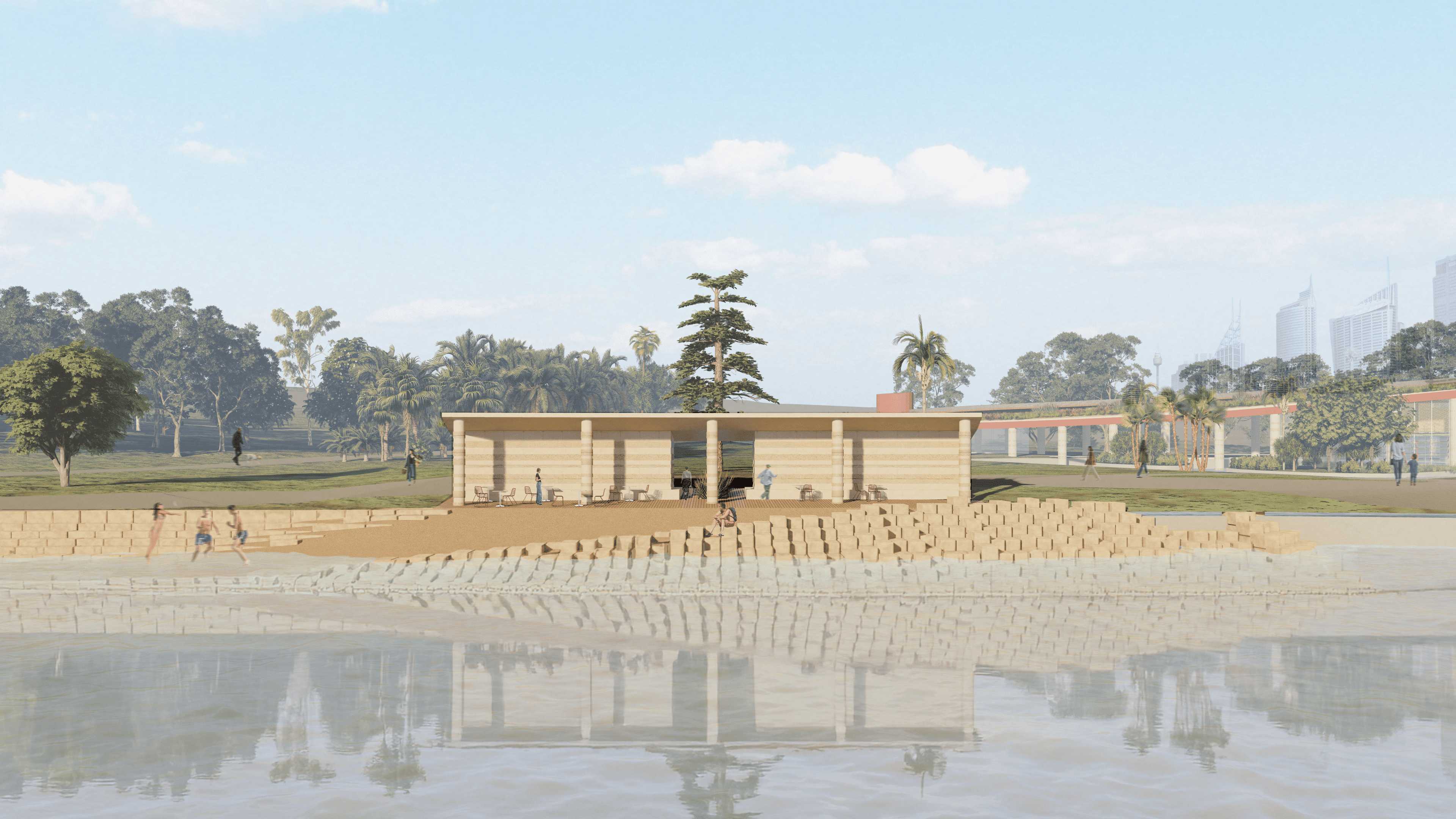 An image looking into the reimagined seawall and the proposed pavilion serving as a public amenities for the next bathing function. 