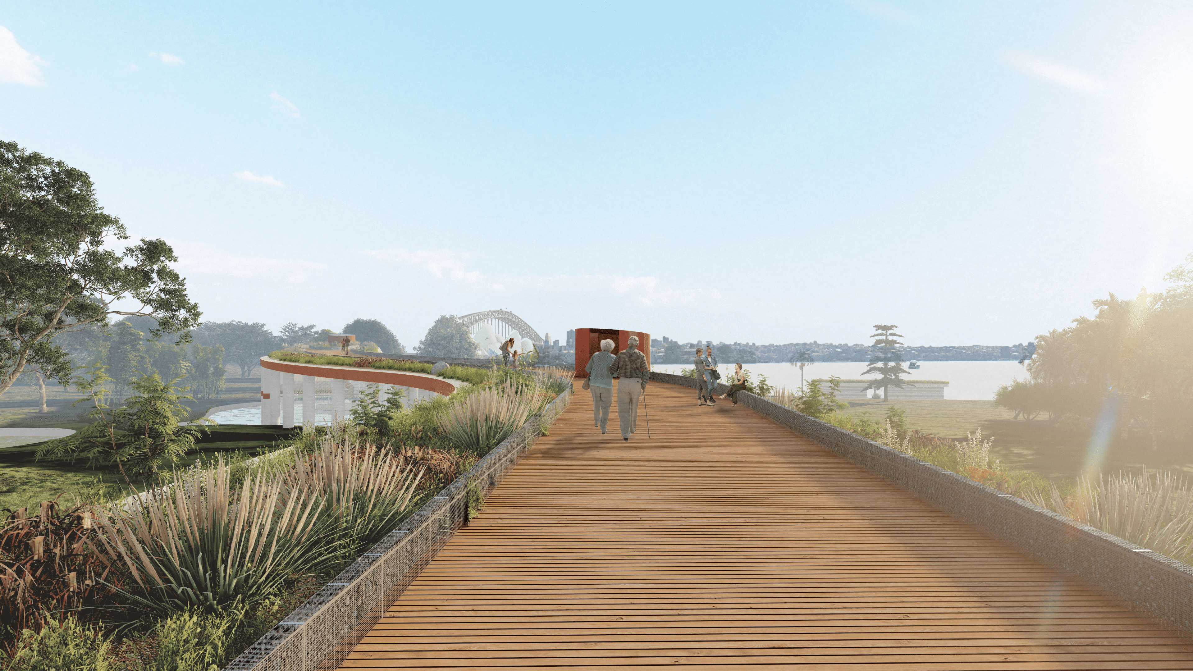 An image of proposed rooftop walkway featuring native Australian bushes for faunas with a view of the Sydney Opera House and the Harbour Bridge. 