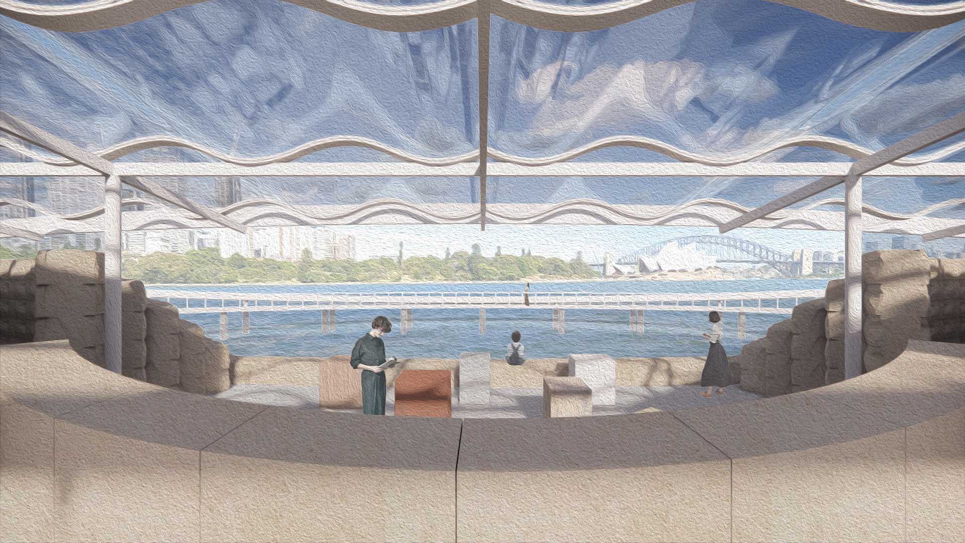 Activated by the rising tide, water flows across the roof, turning the ocean’s movement into a visible measure of time.