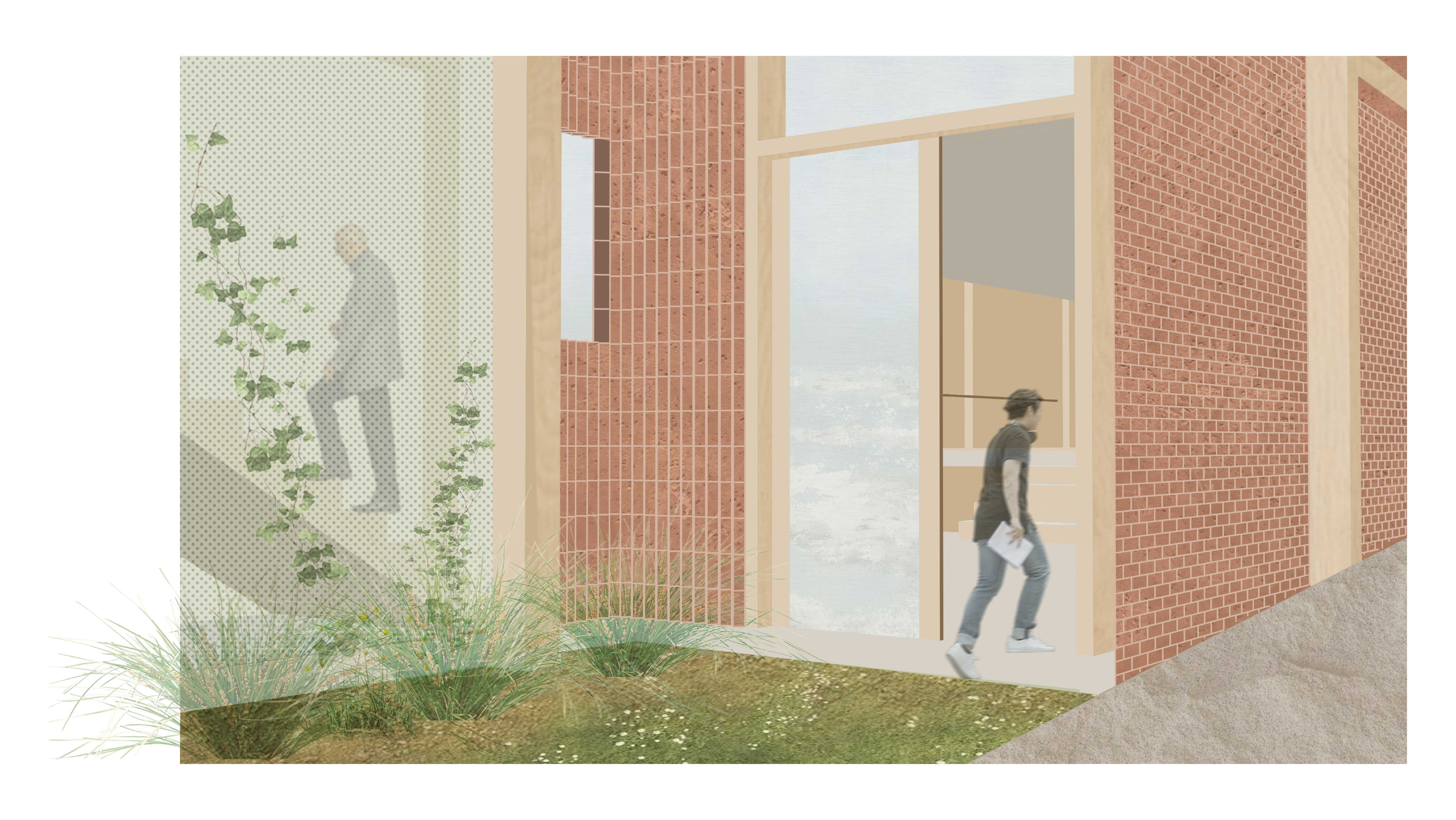 Entrance to Learning Hub - an exploration of textures and regeneration of the site.