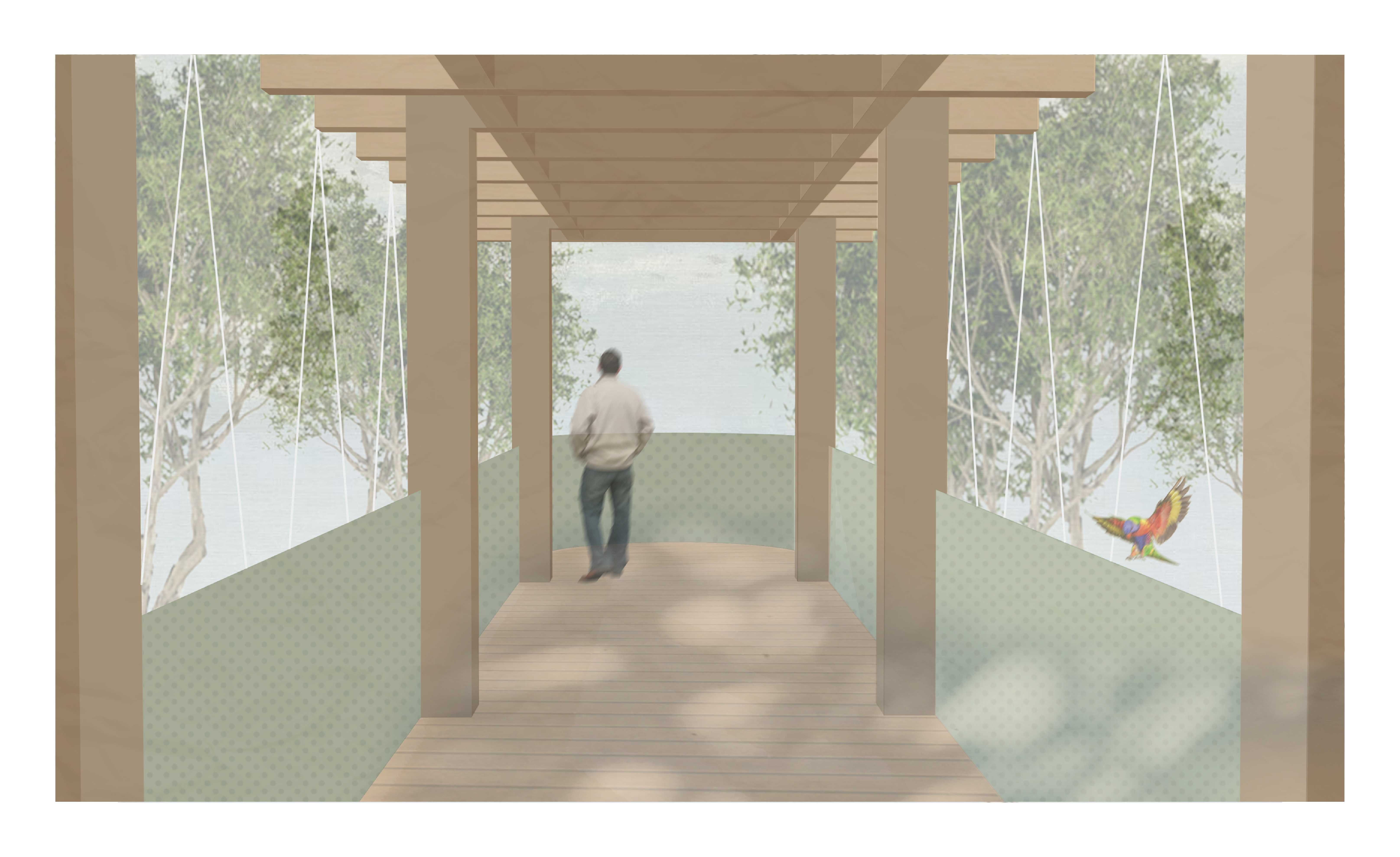 Elevated walkway - offering a gentle passage between two Paperbark trees, connecting people to landscape and memory through sensory immersion.