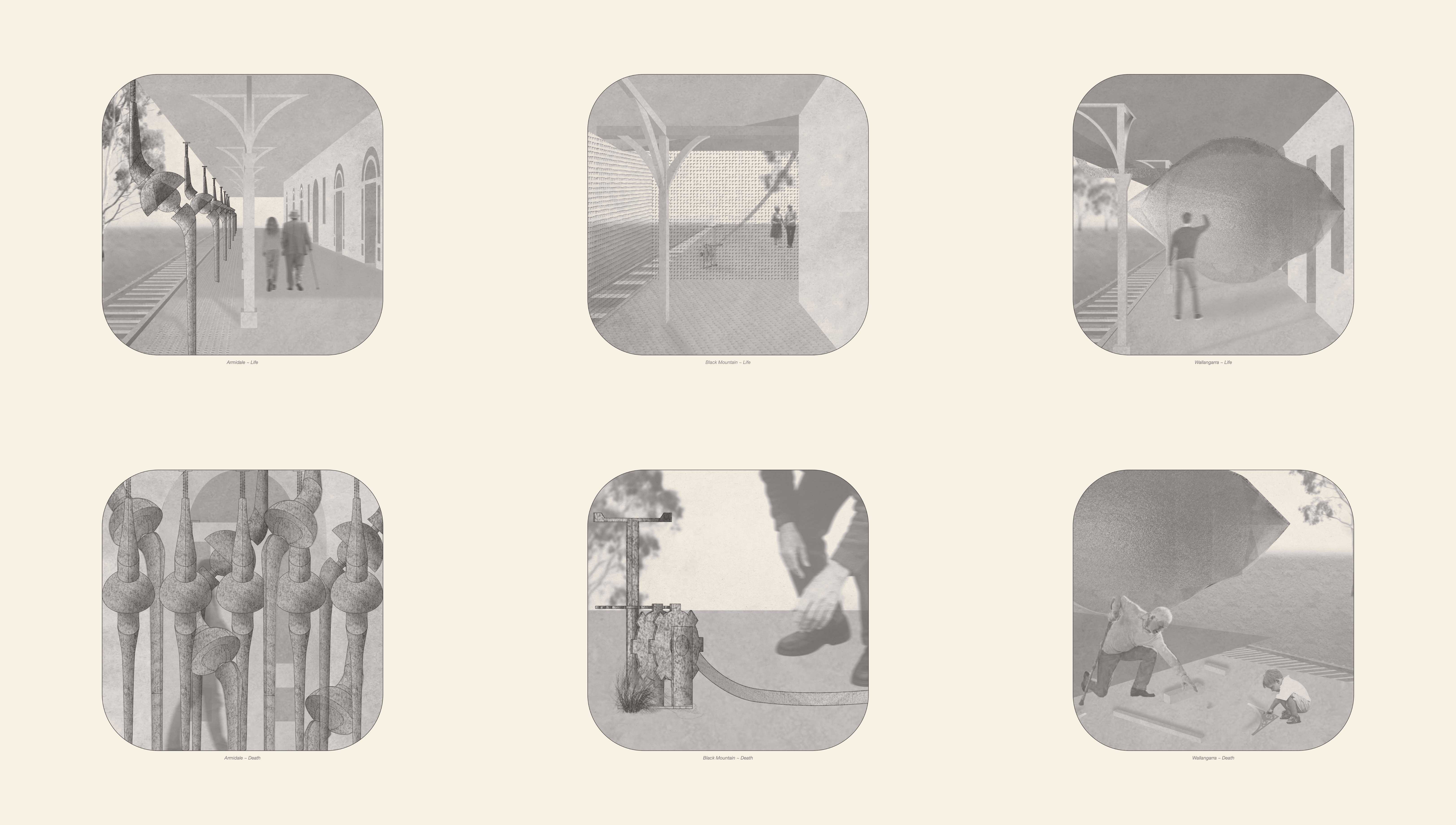 Visualisations of each station at life and death, capturing the choreography of decline and the palliative devices that transform their decay into an act of care, ritual, and architectural farewell.