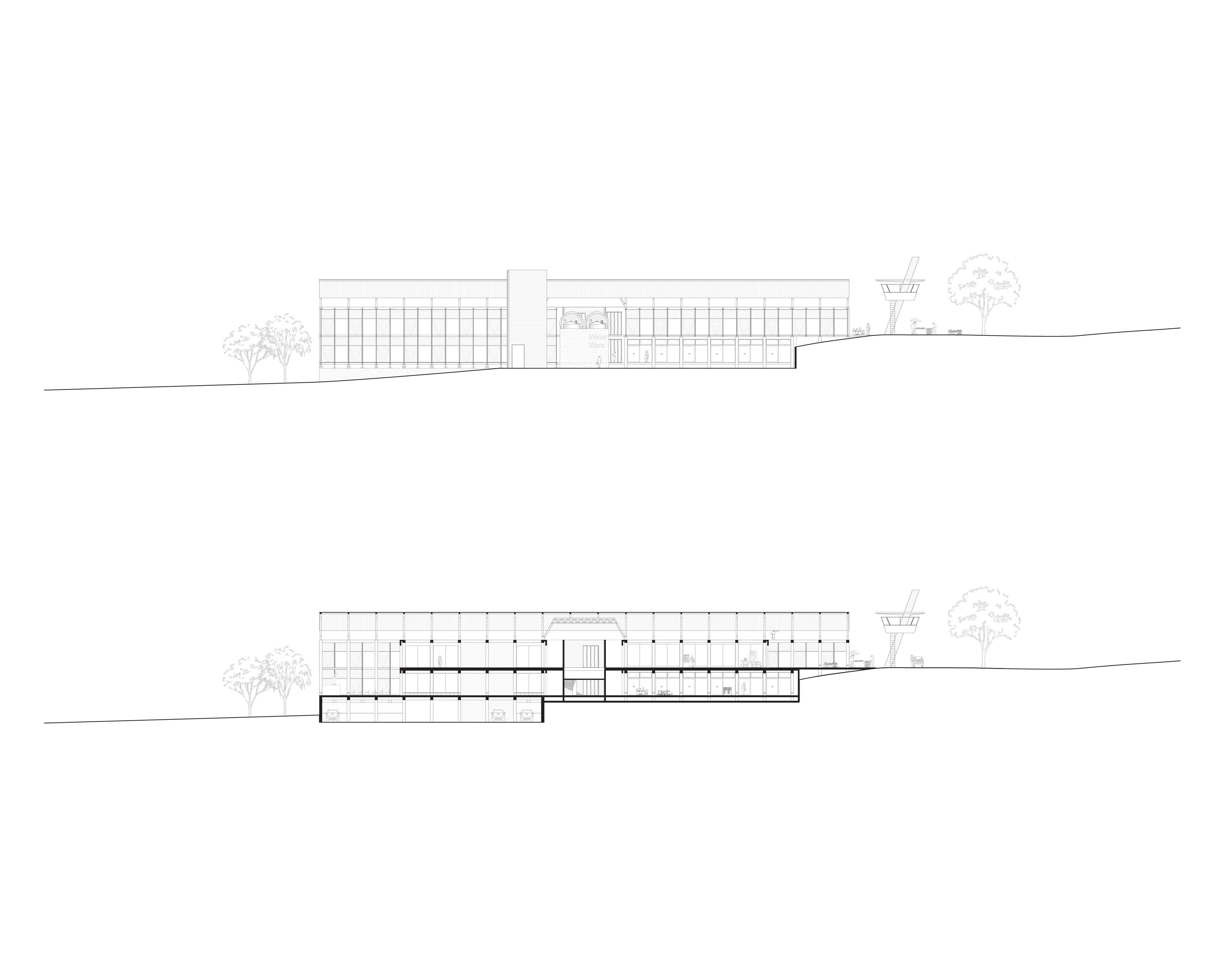 North Elevation (Top) and Long Section (Bottom)