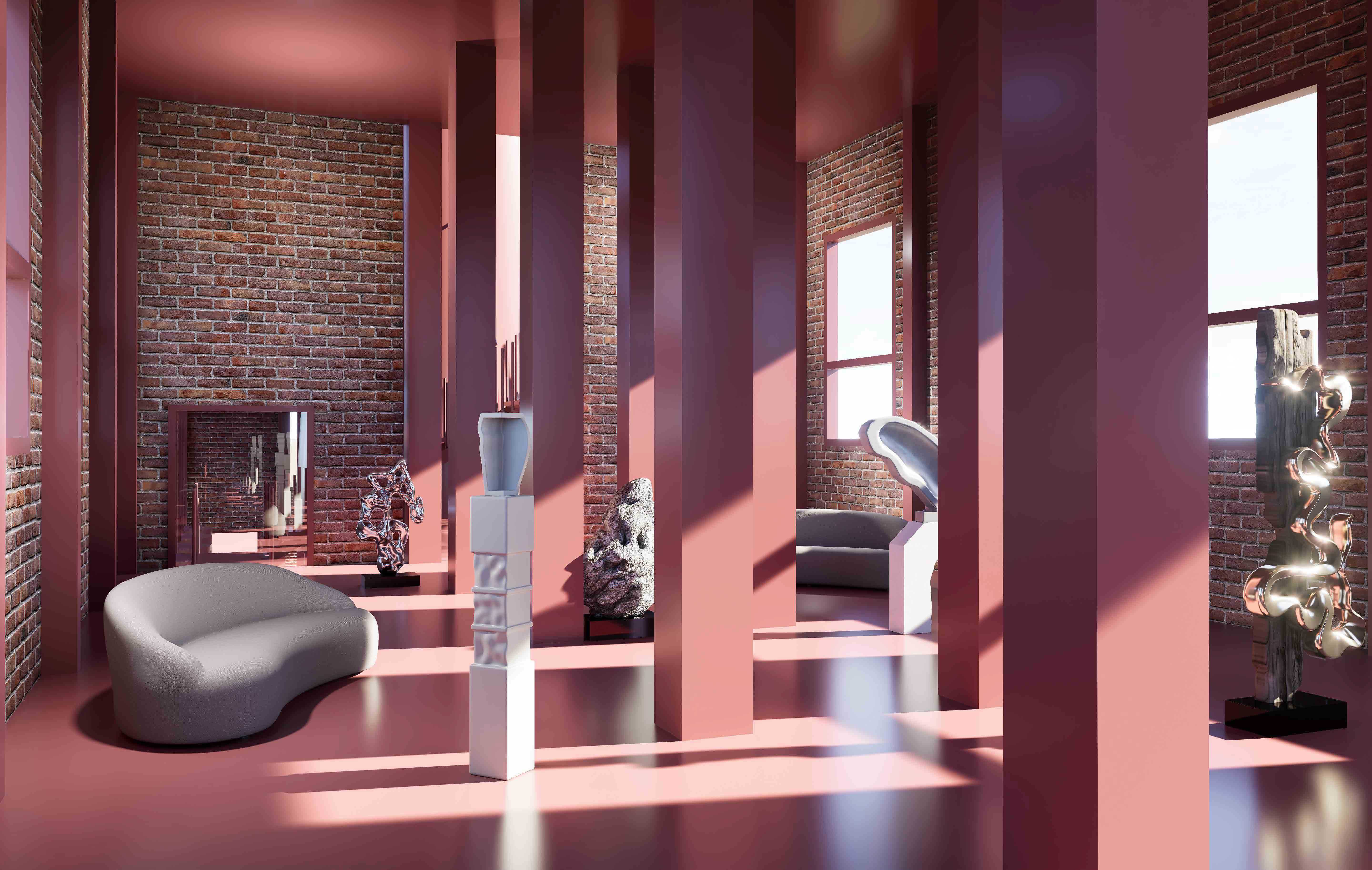 Bathed in warm light and framed by the existing brick structure, the exhibition space becomes a calm chamber for reflection. Sculptures, columns, and soft furnishings form a layered landscape. 