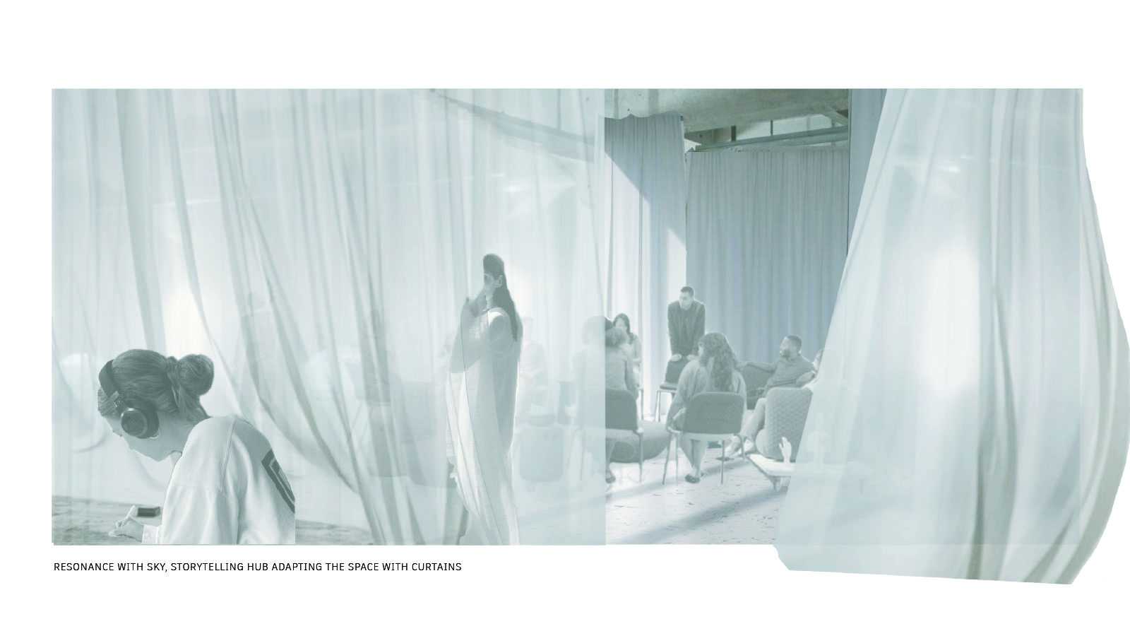 Resonance with Sky, storytelling hub adapting the space with curtains.