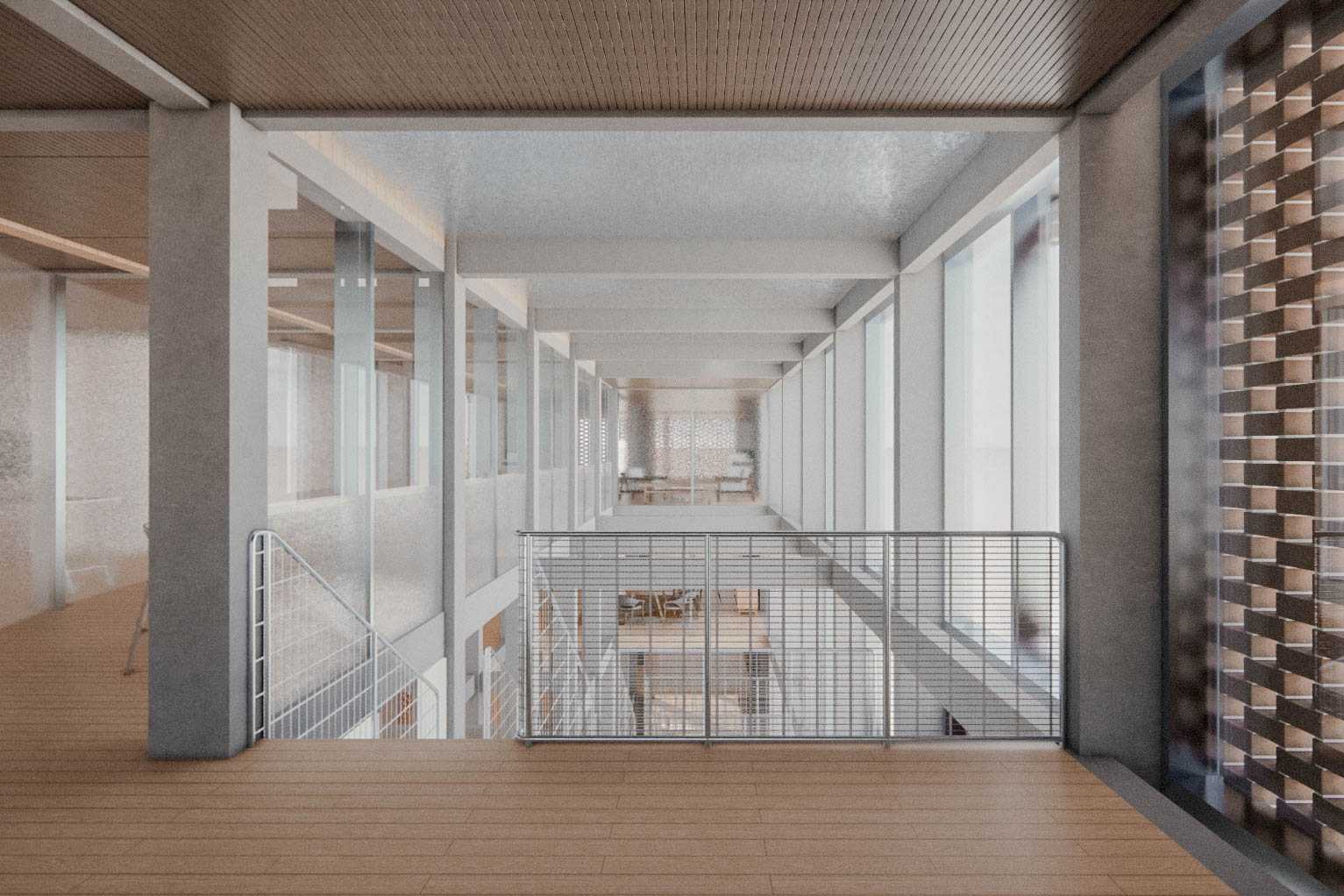 A glass and steel partition weaves between columns, softening divisions in space on each floor. 