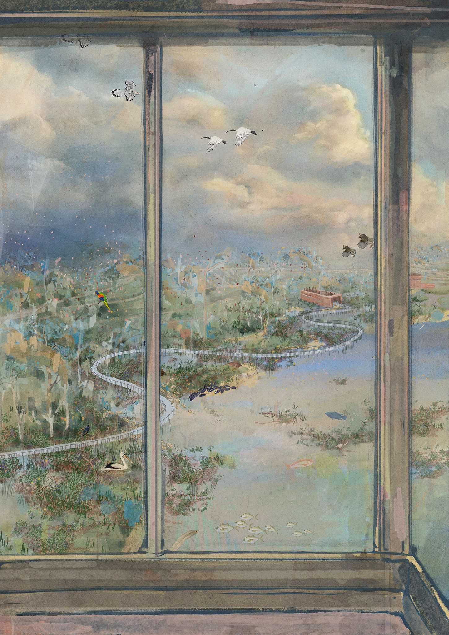 View from the Watchtower looking back on Woggan-ma-gule (Farm Cove), framing the Parliament House, Living Archive, and rewilded archipelago as a shifting sequence shaped by water and time.