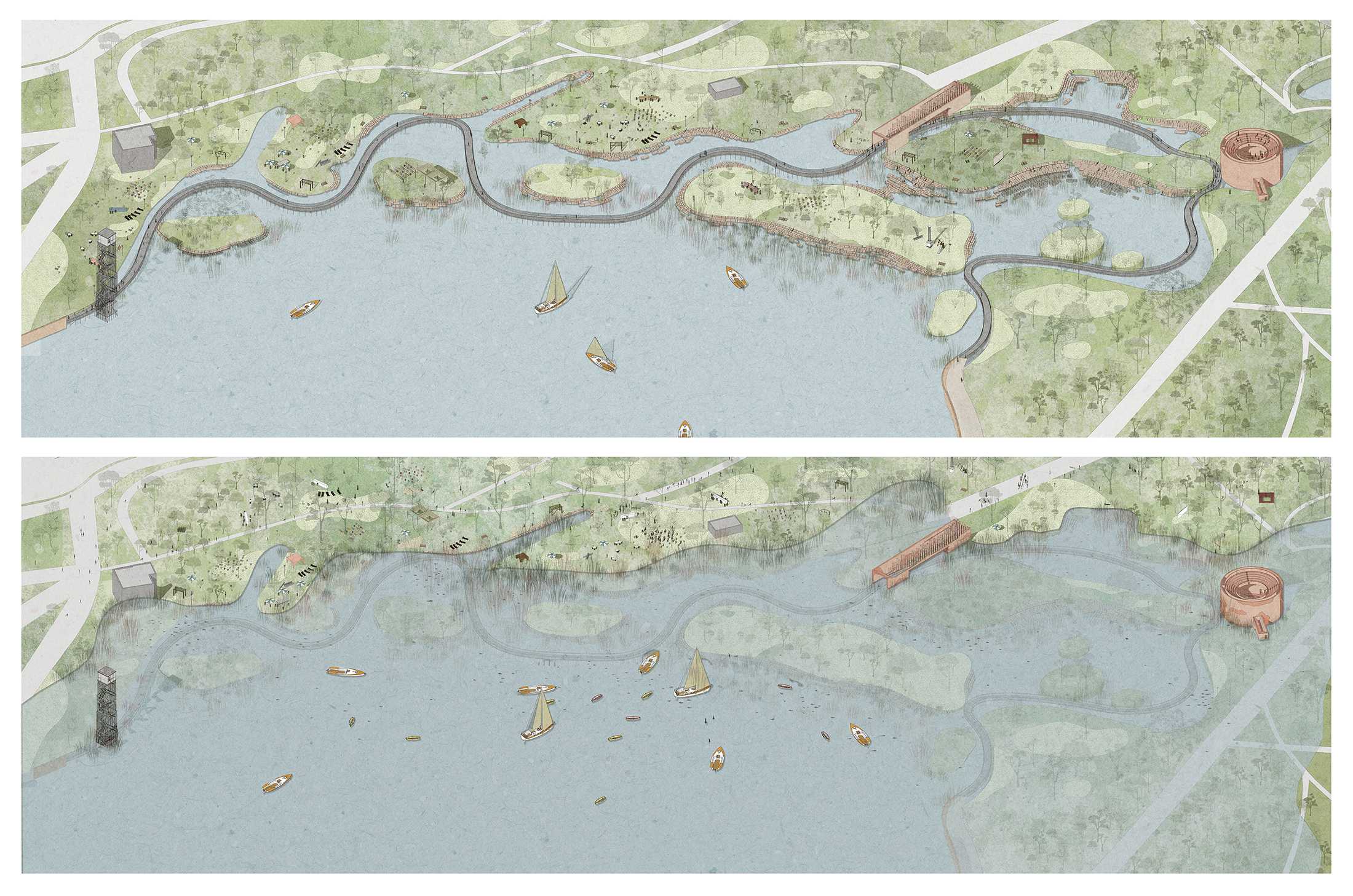 Axonometric comparison of proposal today and under projected sea-level conditions in 2100.