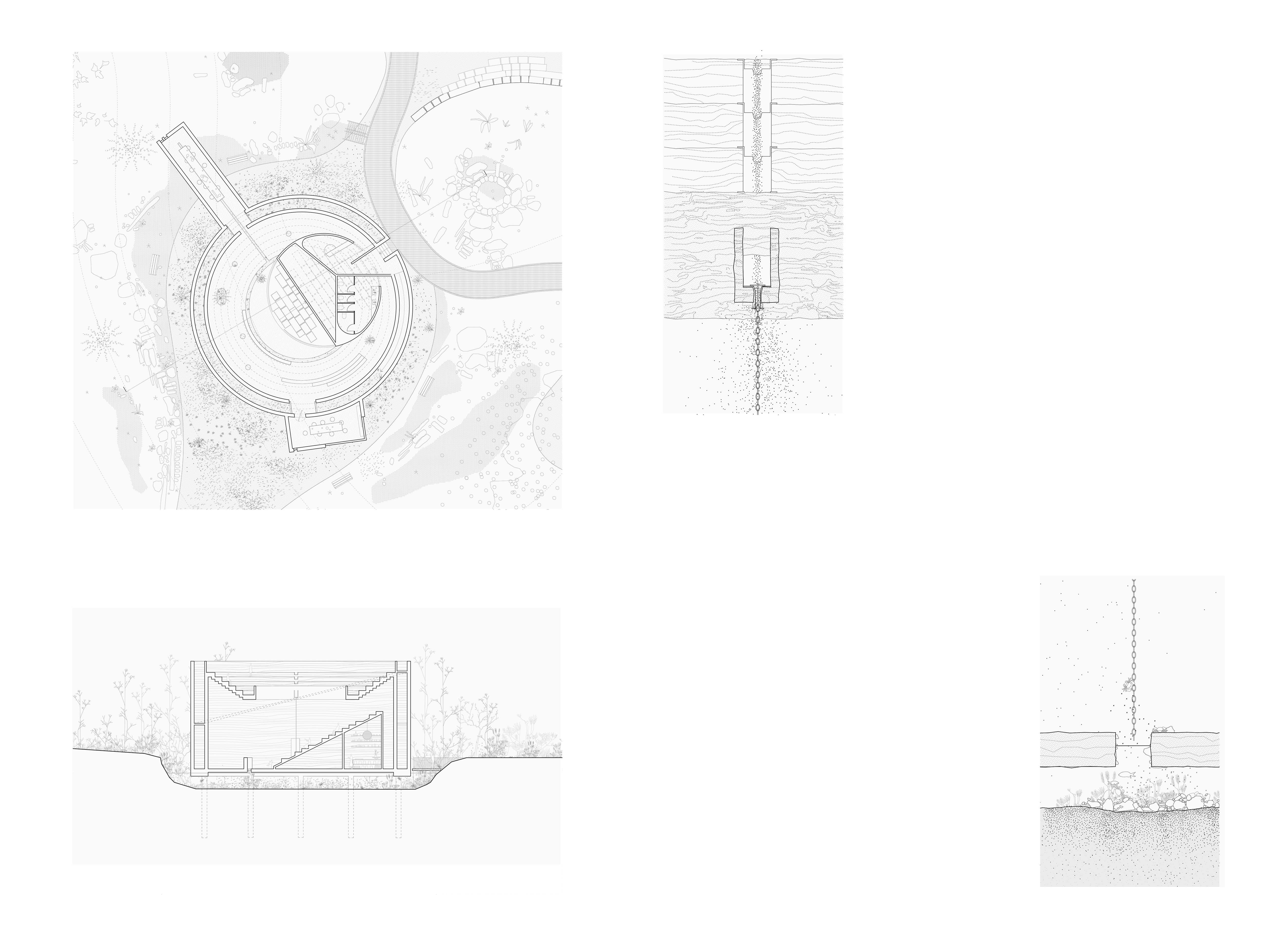 Orthographic set for the Parliament House, featuring the plan, section, and gutter-spitter to floor junction detail.