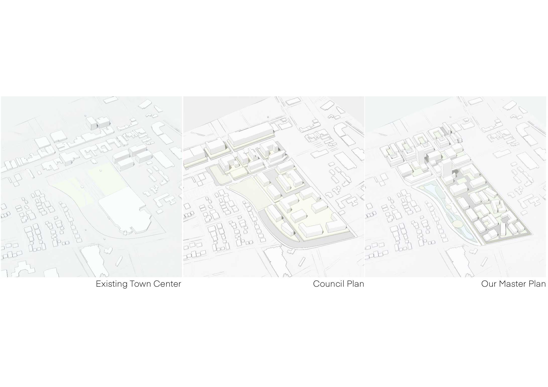 A contrast of masterplan concepts, from existing conditions, to the Council's proposed masterplan, to our proposed vision for the St. Marys South Creek Precinct. 