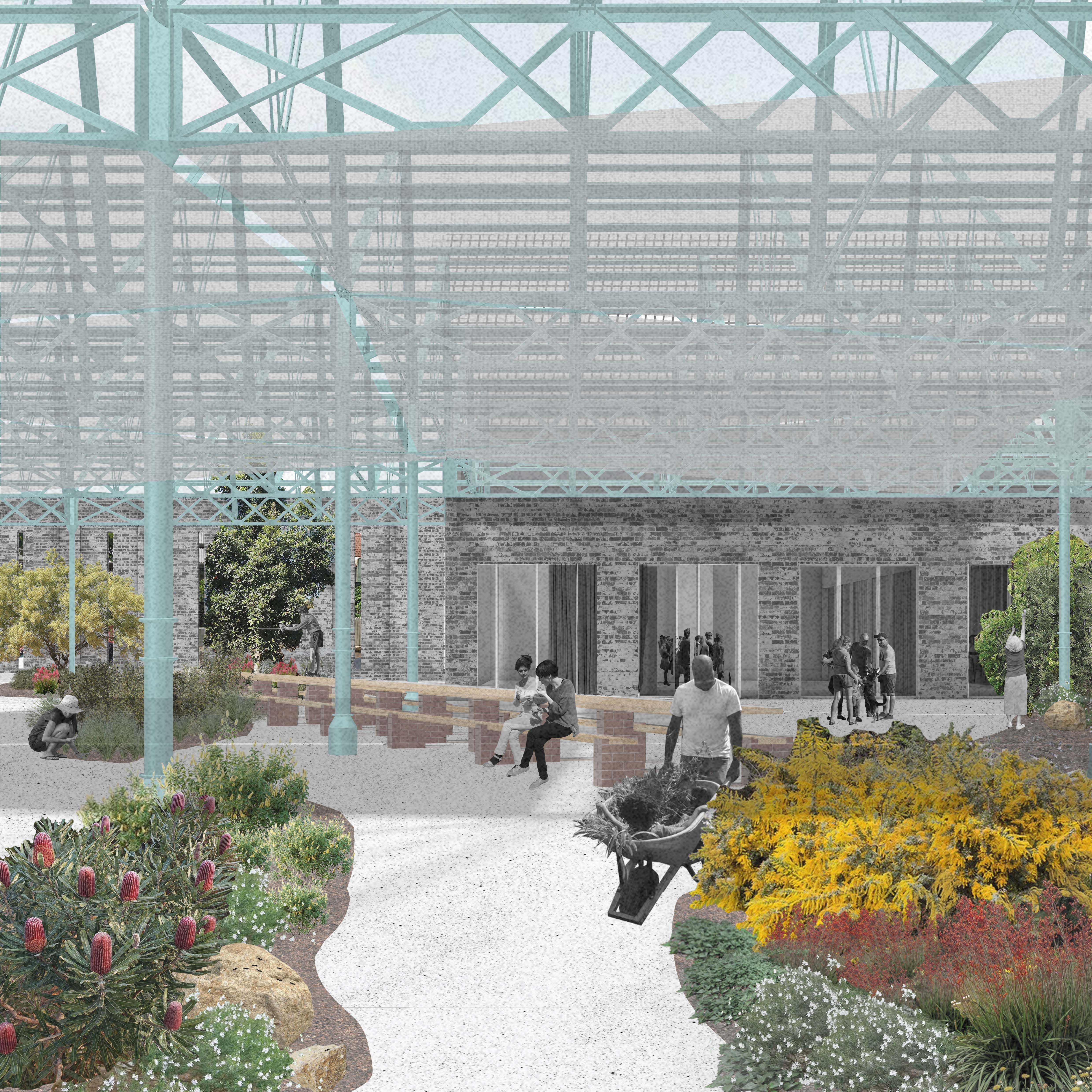 The existing Newtown Tram Sheds servicing pit is infilled with soil and transformed into a publicly accessible bush-food kitchen garden. 