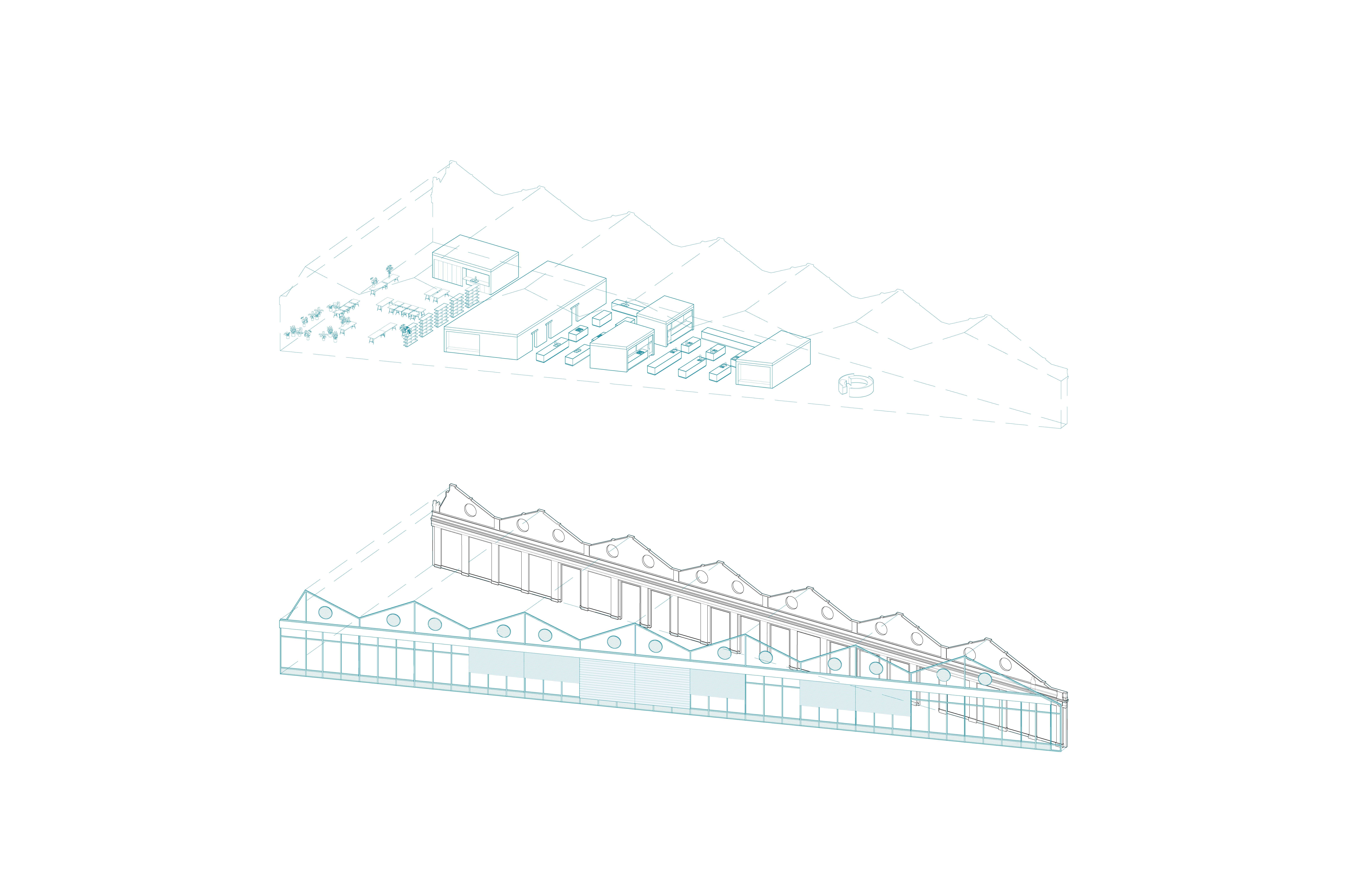 Alike the program, the addition's facade borrows from established traditions to create something endemic, and site specific. Service cores of recycled brick are pulled away from the original masonry facade. 