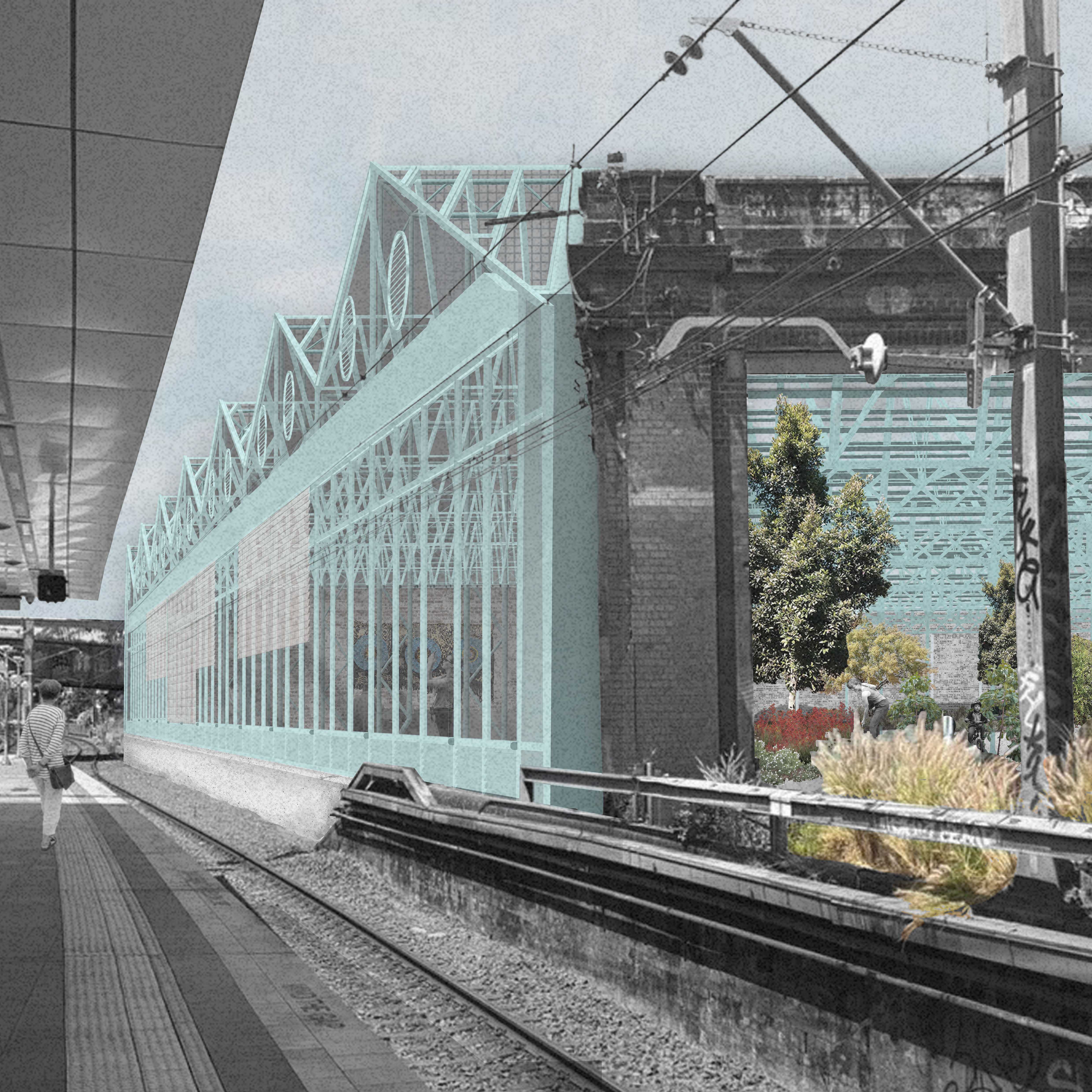 The striking angled form and glazed facade demand engagement and curiosity from the Newtown Station Platform.
