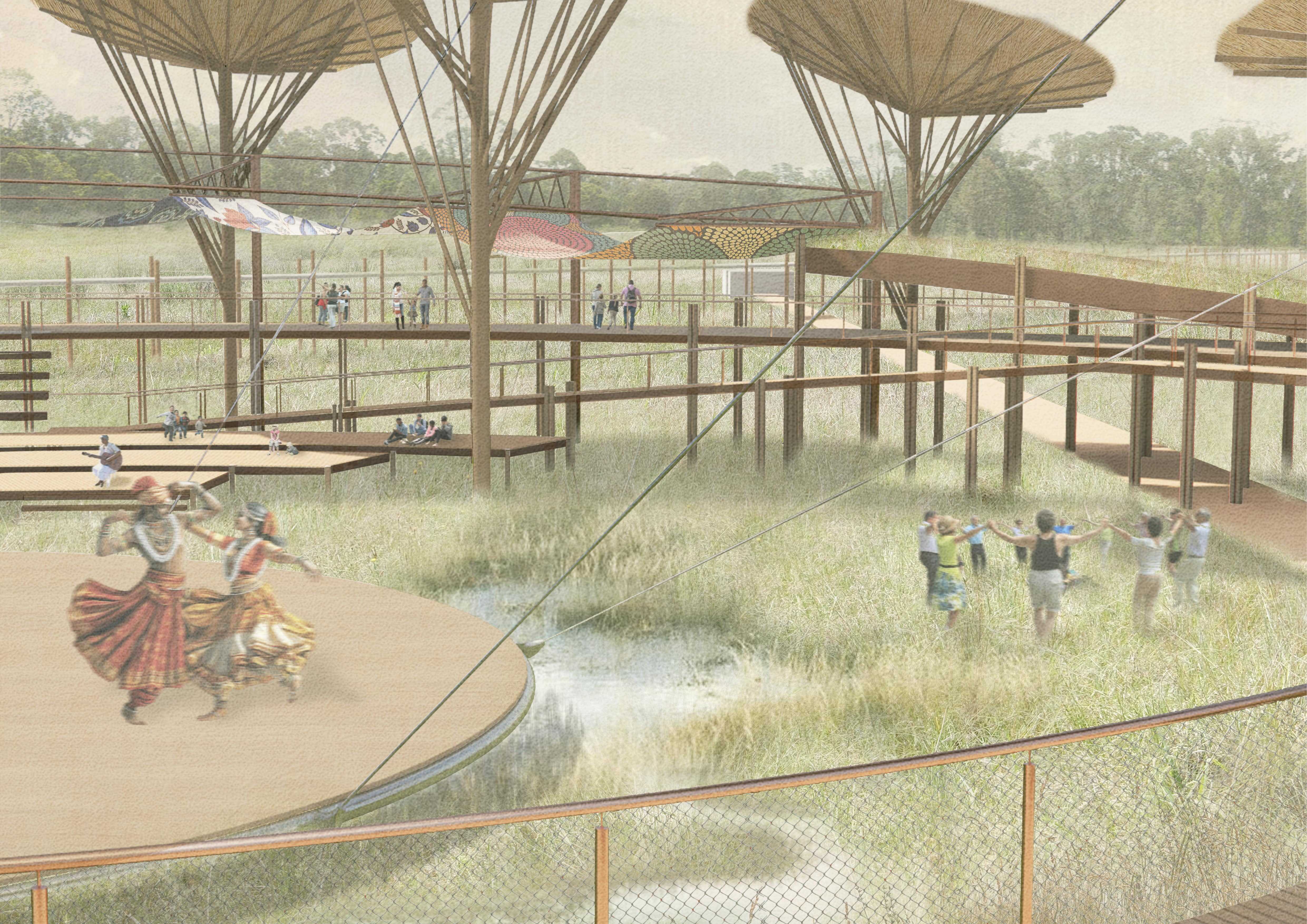 Visitors wander through Tricentennial Parkland...it is a sloping footpath rising from the grassland, or a floating platform suspended between dancing flowers. Here, art, sound, and ritual weave through the eucalypts. 