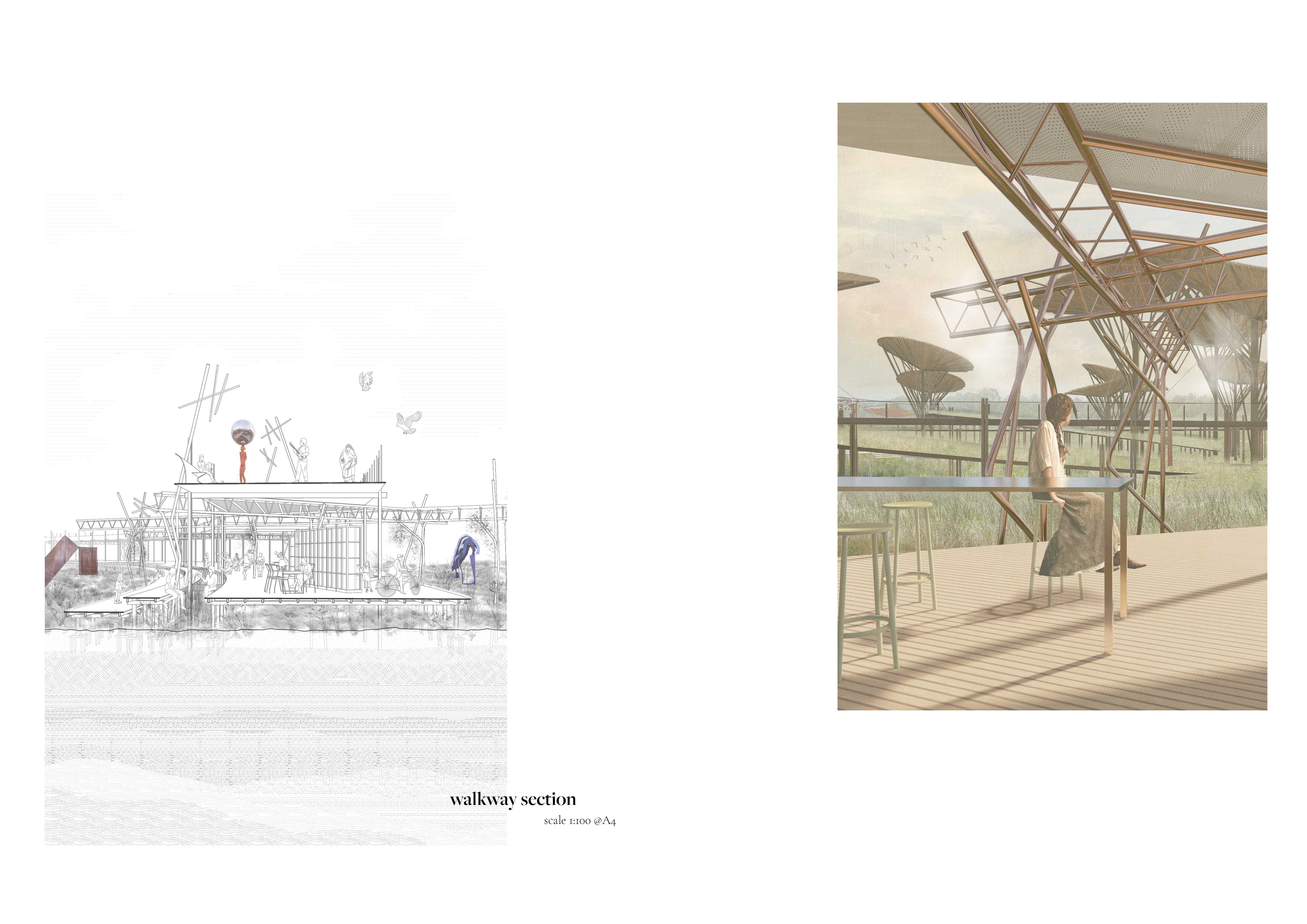 Section of primary walkway, demonstrating uses such as: an exhibition platform for art, hallway for festival parades, and space for study and rest. 