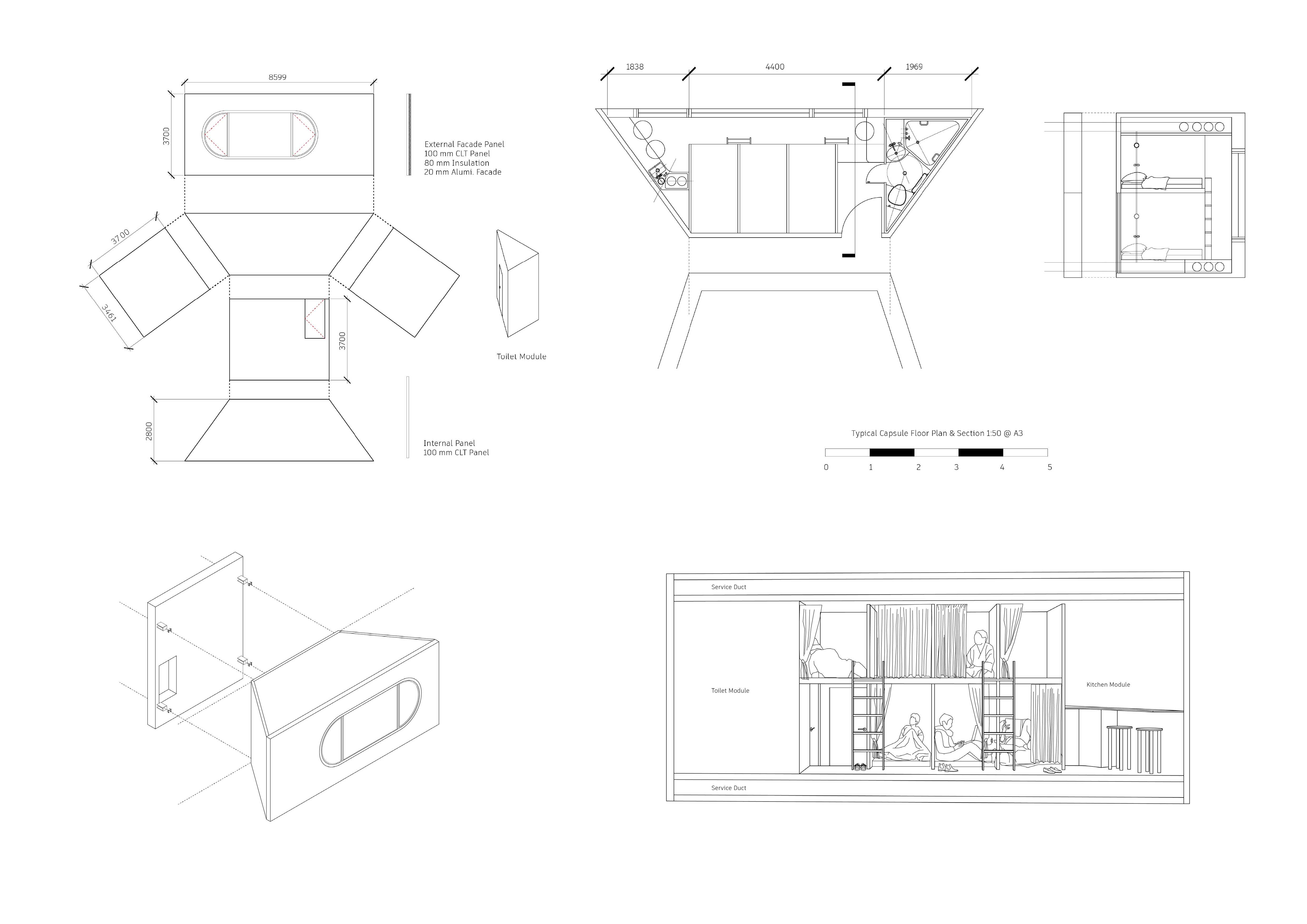 Modular Capsule

The capsules are composed of prefabricated CLT panels. The concept aims to achieve efficient and easy assembly, enabling a rapid response in the event of disasters.