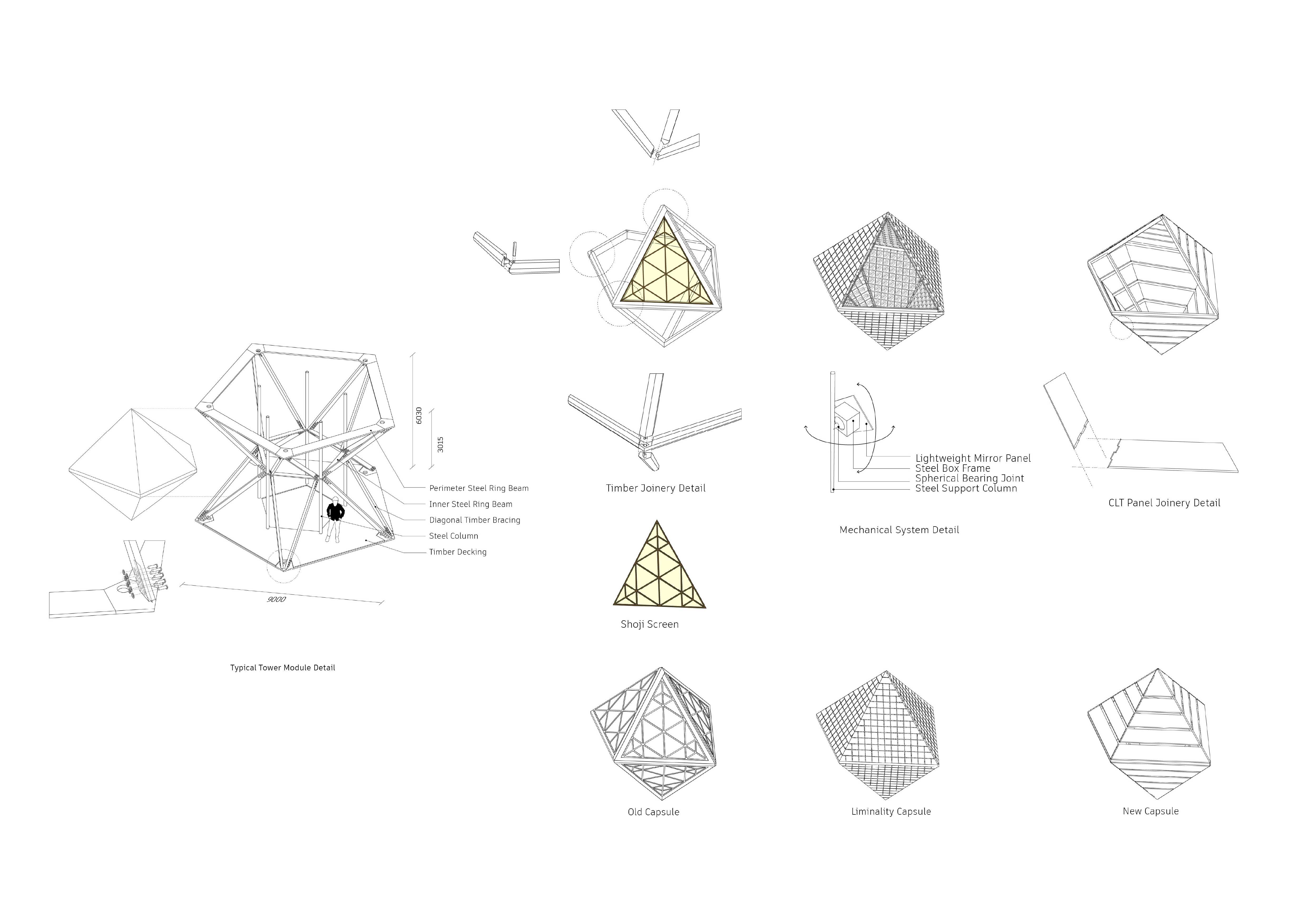 Pavilion Proposal Detail

The capsules attached to the module structure represent the three worlds that the project aims to communicate—Old, Liminality, and New—each expressed through distinct design languages. 

