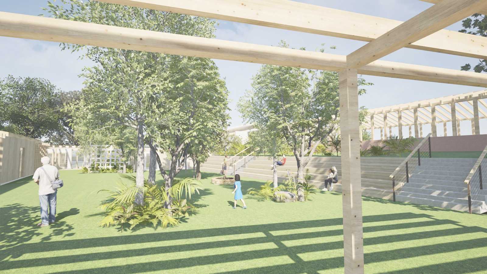 An external visualisation of the main courtyard area. Located in the centre of the design, the combination of native plants and tiered seating create an inviting space for the community.