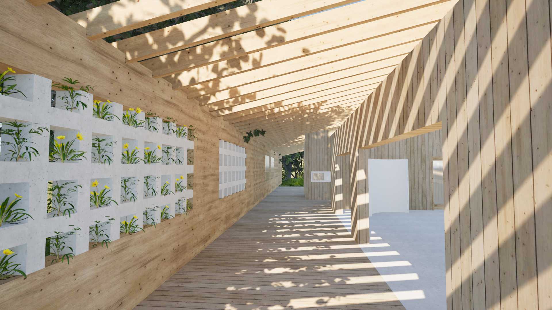 A transitional space was designed on the south-side of the exhibition room, used to connect visitors to the surrounding landscape, while guiding them through the space.
