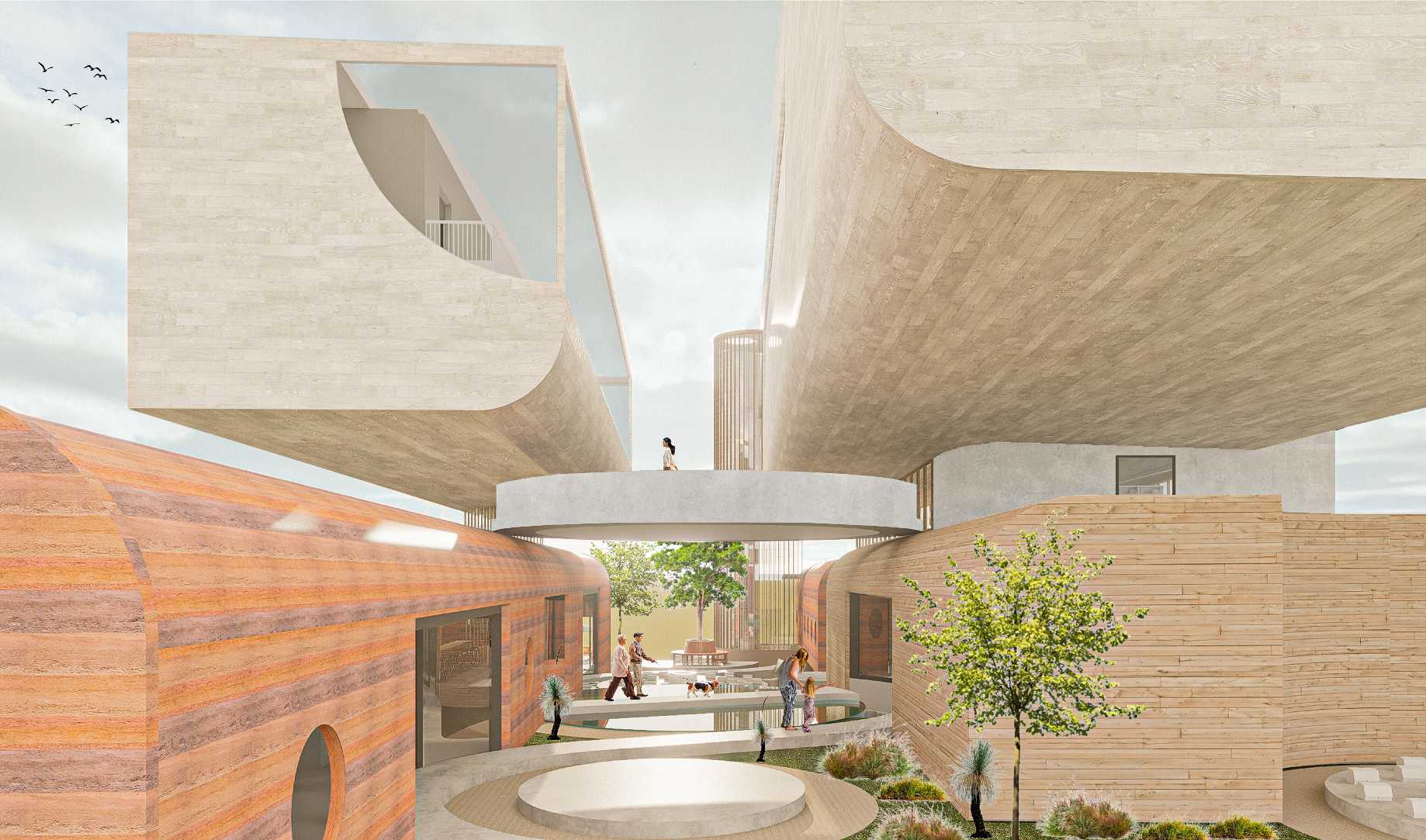 The exploded axonometric reveals how each level connects through circulation, with colour-coded volumes—yellow for teaching, green for flexible programs, and red for cultural spaces—showing a clear organisation shaped by purpose and movement.